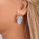 CZ Diamond Snowflower Elegance Jewelry Set, Long Bridal Earrings, Bracelet, Ring And Necklace, Statement Earrings Cz Necklace Set.