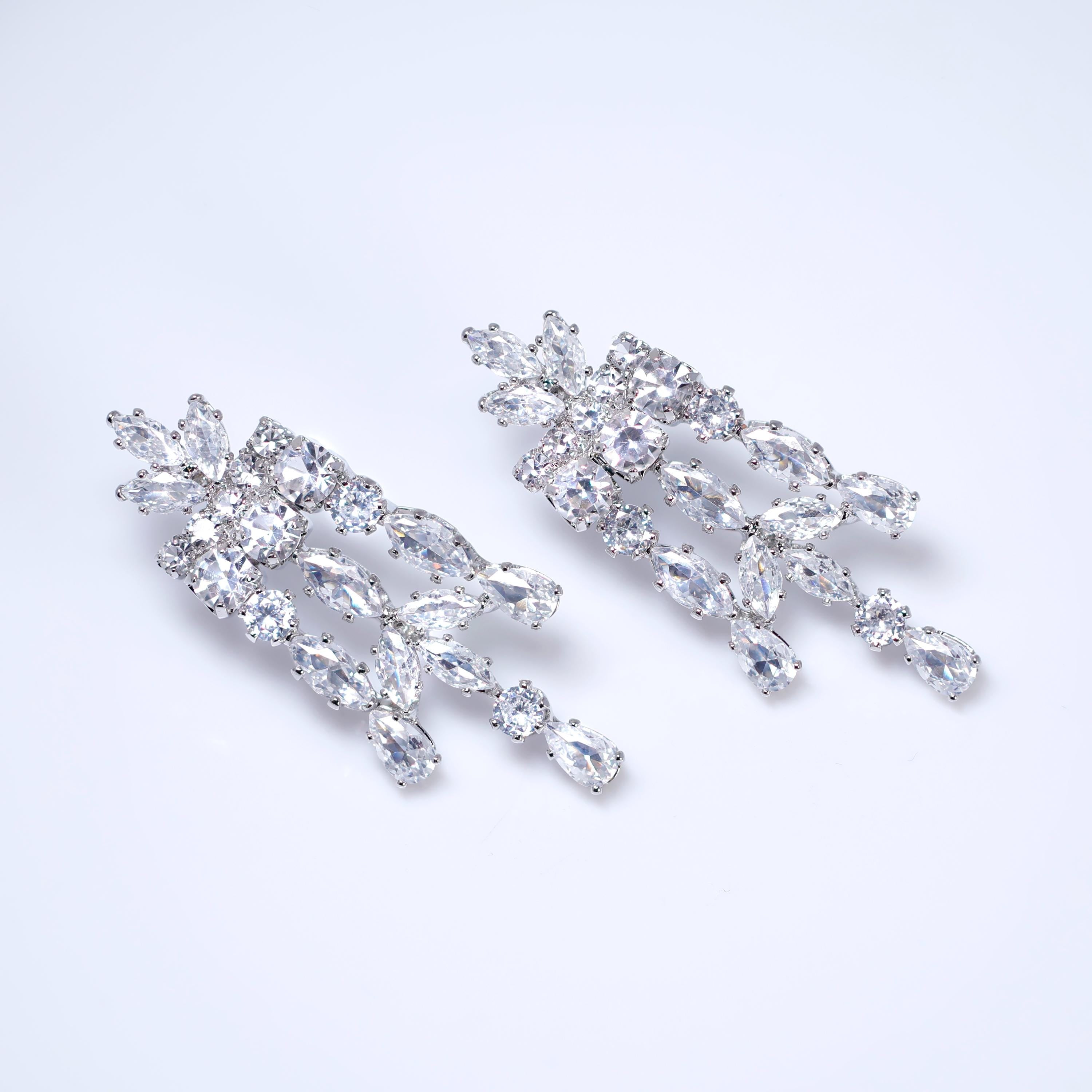 CZ Diamond Fountain of Elegance Jewelry Set, Long Bridal Earrings, Bracelet, Ring And Necklace, Statement Earrings Cz Necklace Set.