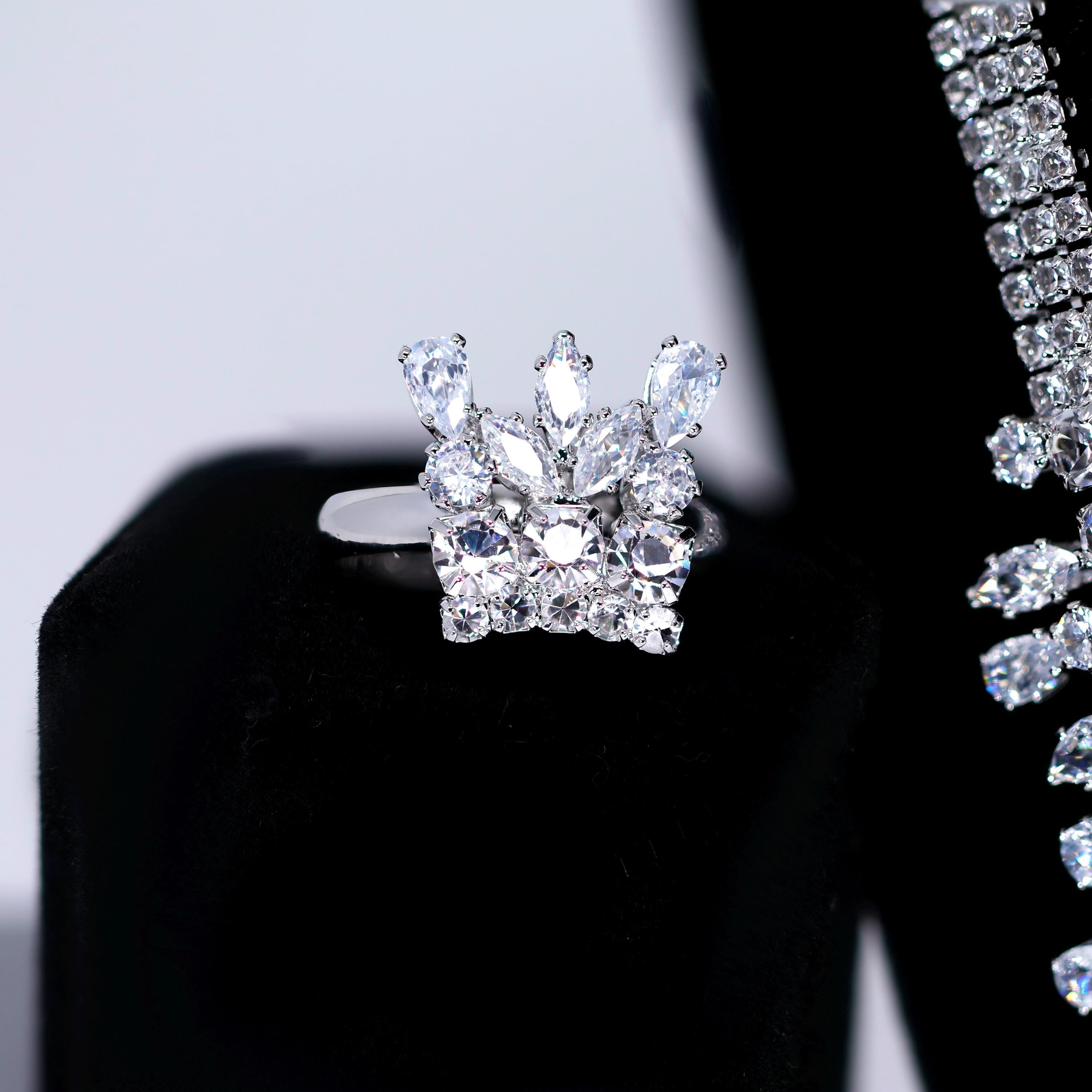 CZ Diamond Fountain of Elegance Jewelry Set, Long Bridal Earrings, Bracelet, Ring And Necklace, Statement Earrings Cz Necklace Set.