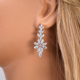 CZ Diamond Verdant Grace Jewelry Set, Long Bridal Earrings, Bracelet, Ring And Necklace, Statement Earrings Cz Necklace Set.