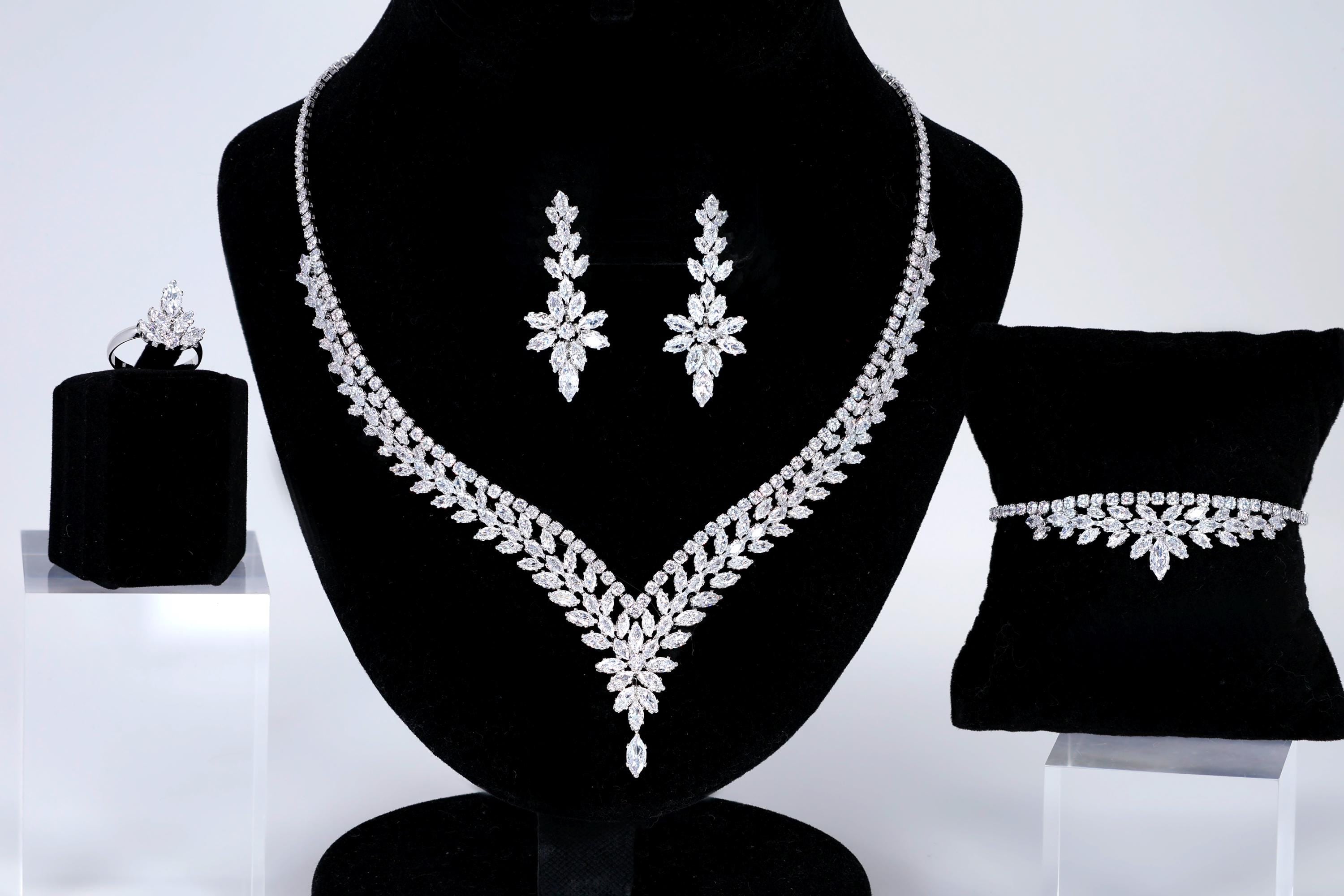 CZ Diamond Verdant Grace Jewelry Set, Long Bridal Earrings, Bracelet, Ring And Necklace, Statement Earrings Cz Necklace Set.