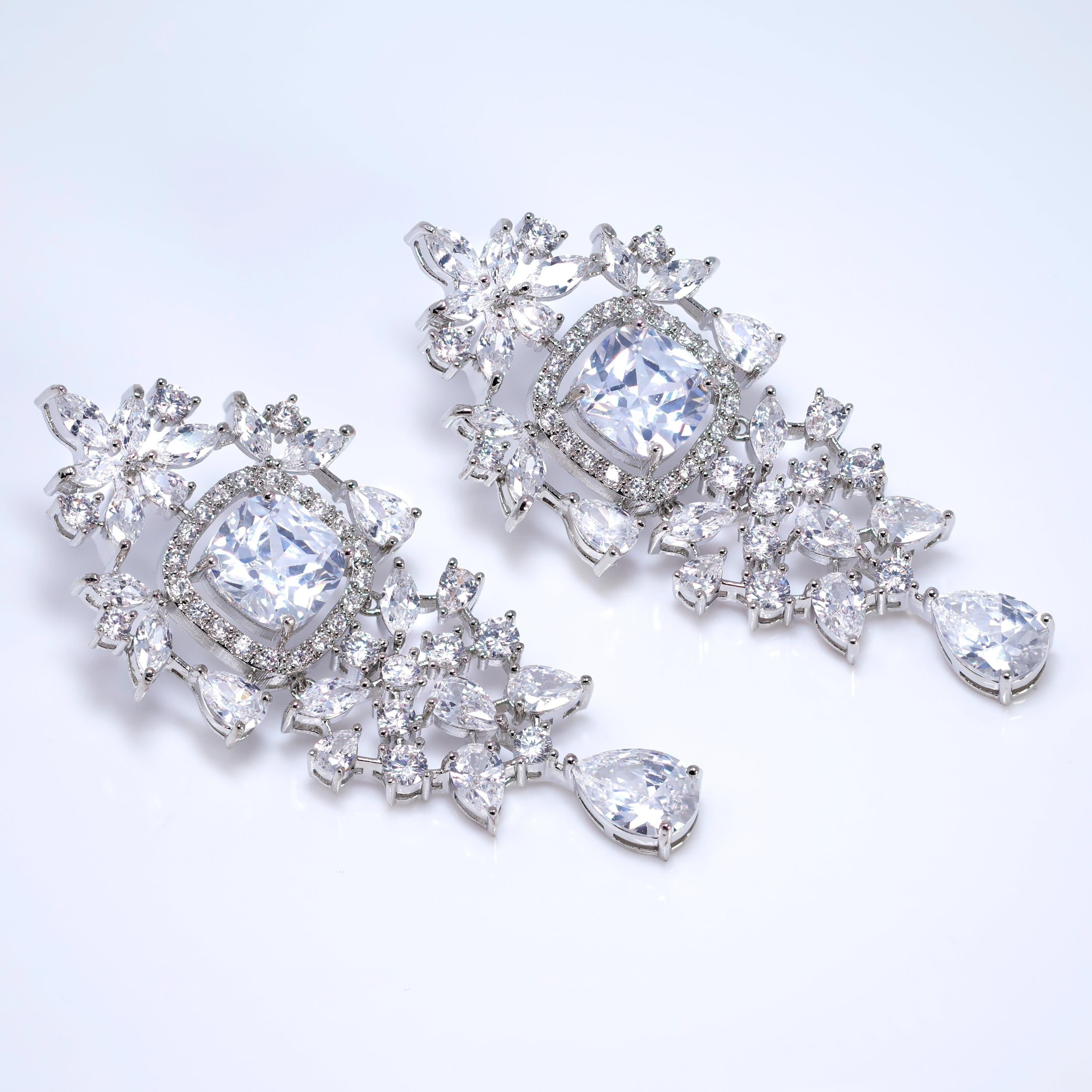 CZ Diamond Queen’s Legacy Set Jewelry Set, Long Bridal Earrings, Bracelet, Ring And Necklace, Statement Earrings Cz Necklace Set.