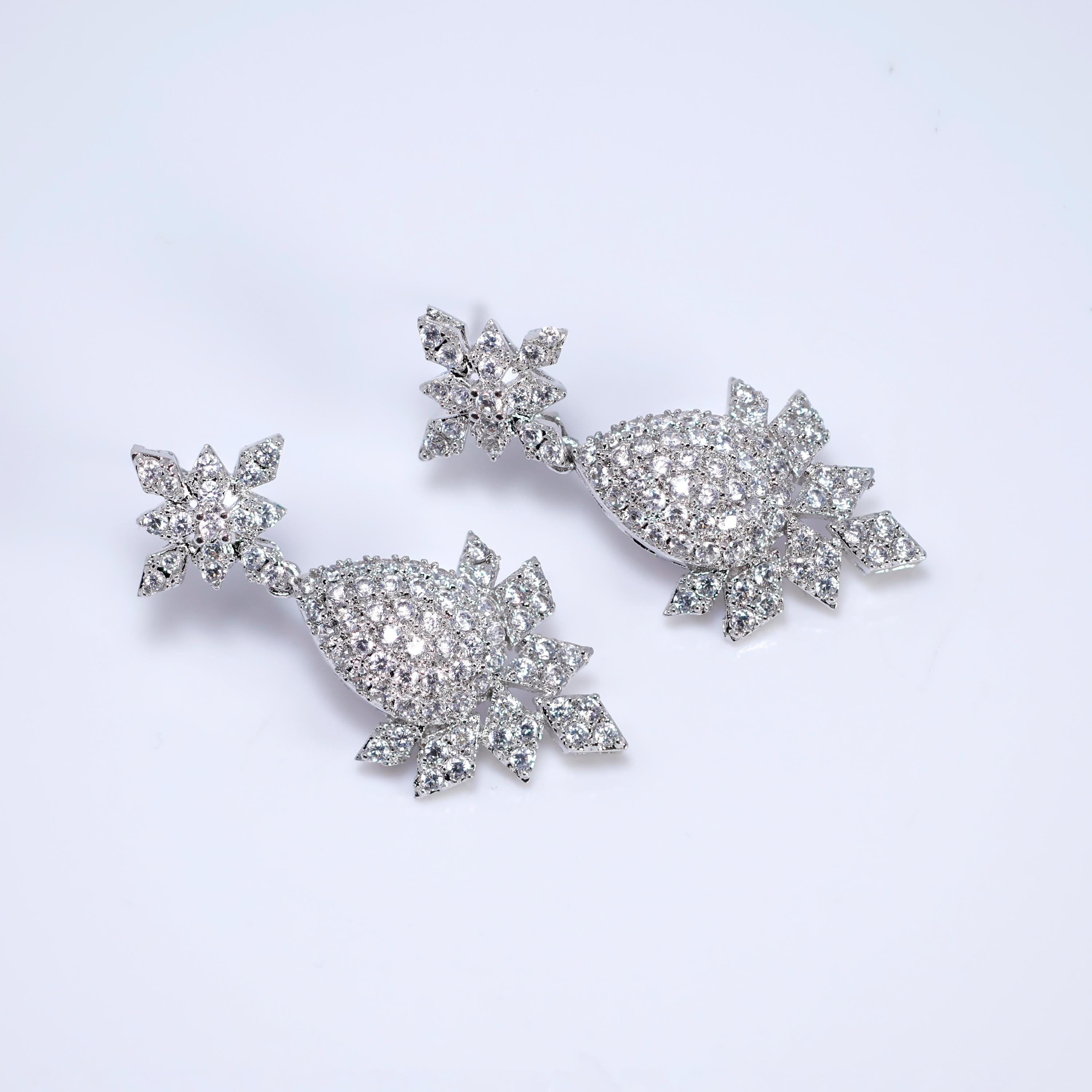 CZ Diamond Bridal Blossom Double Layer Jewelry Set, Long Bridal Earrings, Bracelet, Ring And Necklace, Statement Earrings Cz Necklace Set.