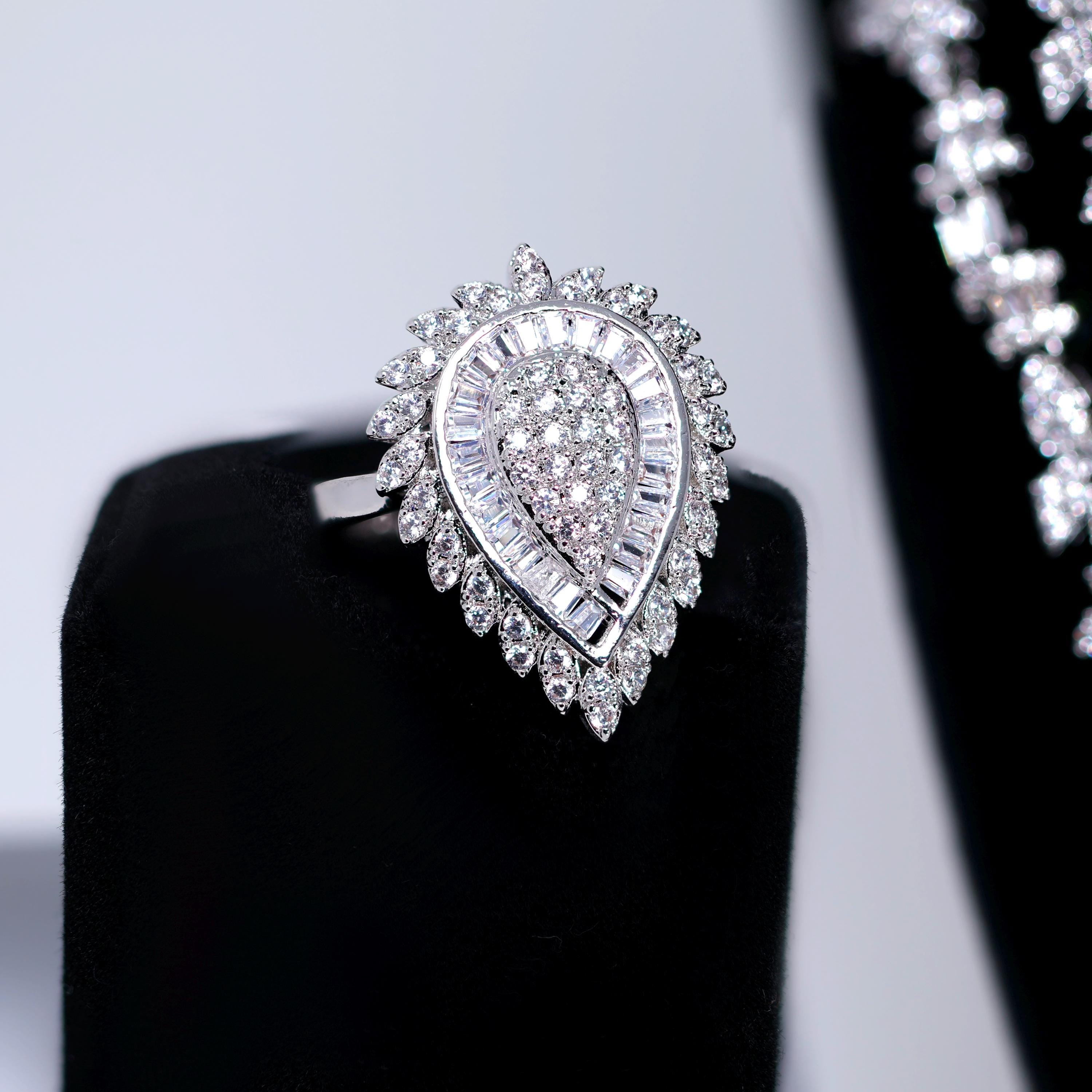 CZ Diamond Bridal Blossom Double Layer Jewelry Set, Long Bridal Earrings, Bracelet, Ring And Necklace, Statement Earrings Cz Necklace Set.