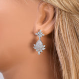 CZ Diamond Bridal Blossom Double Layer Jewelry Set, Long Bridal Earrings, Bracelet, Ring And Necklace, Statement Earrings Cz Necklace Set.