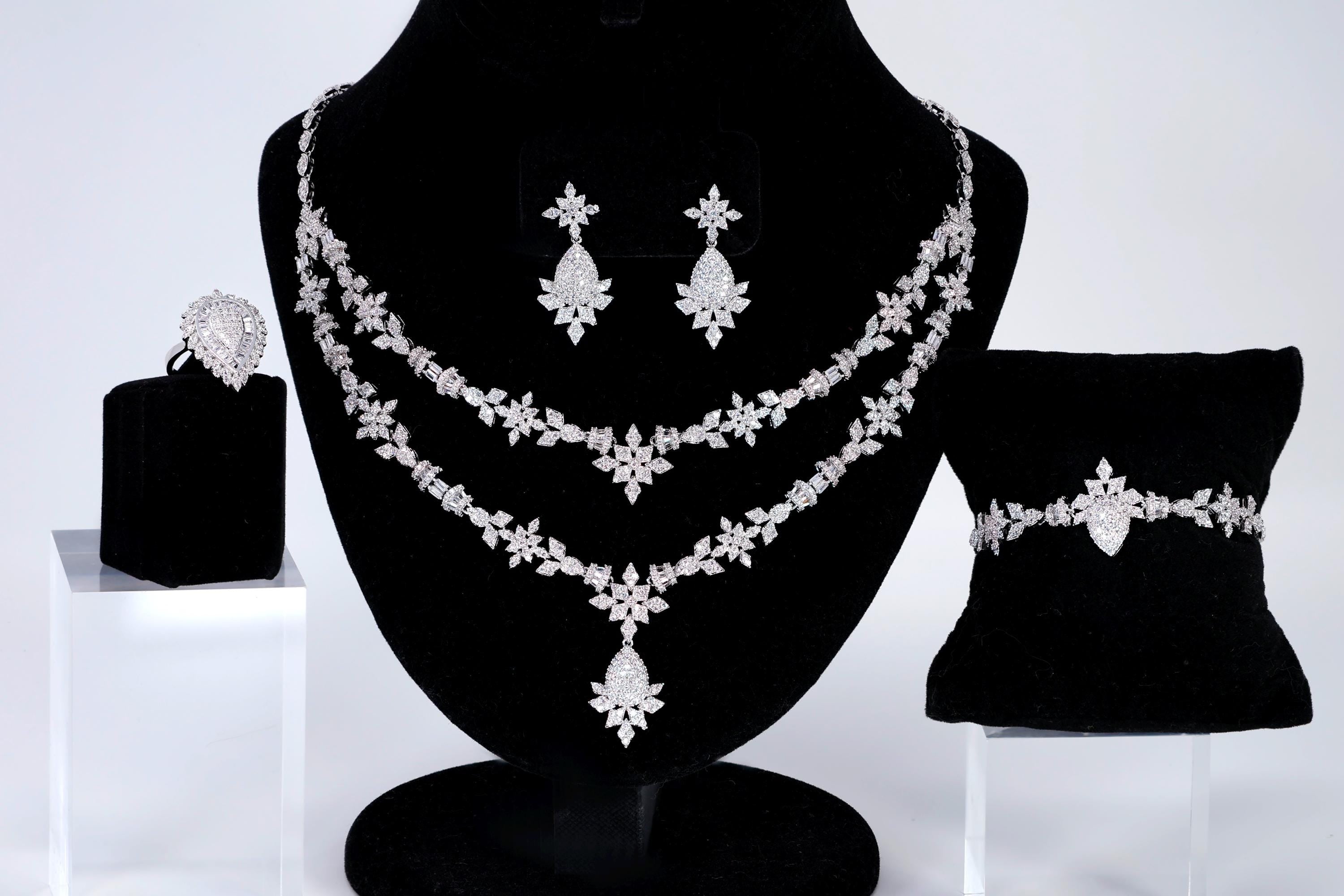 CZ Diamond Bridal Blossom Double Layer Jewelry Set, Long Bridal Earrings, Bracelet, Ring And Necklace, Statement Earrings Cz Necklace Set.