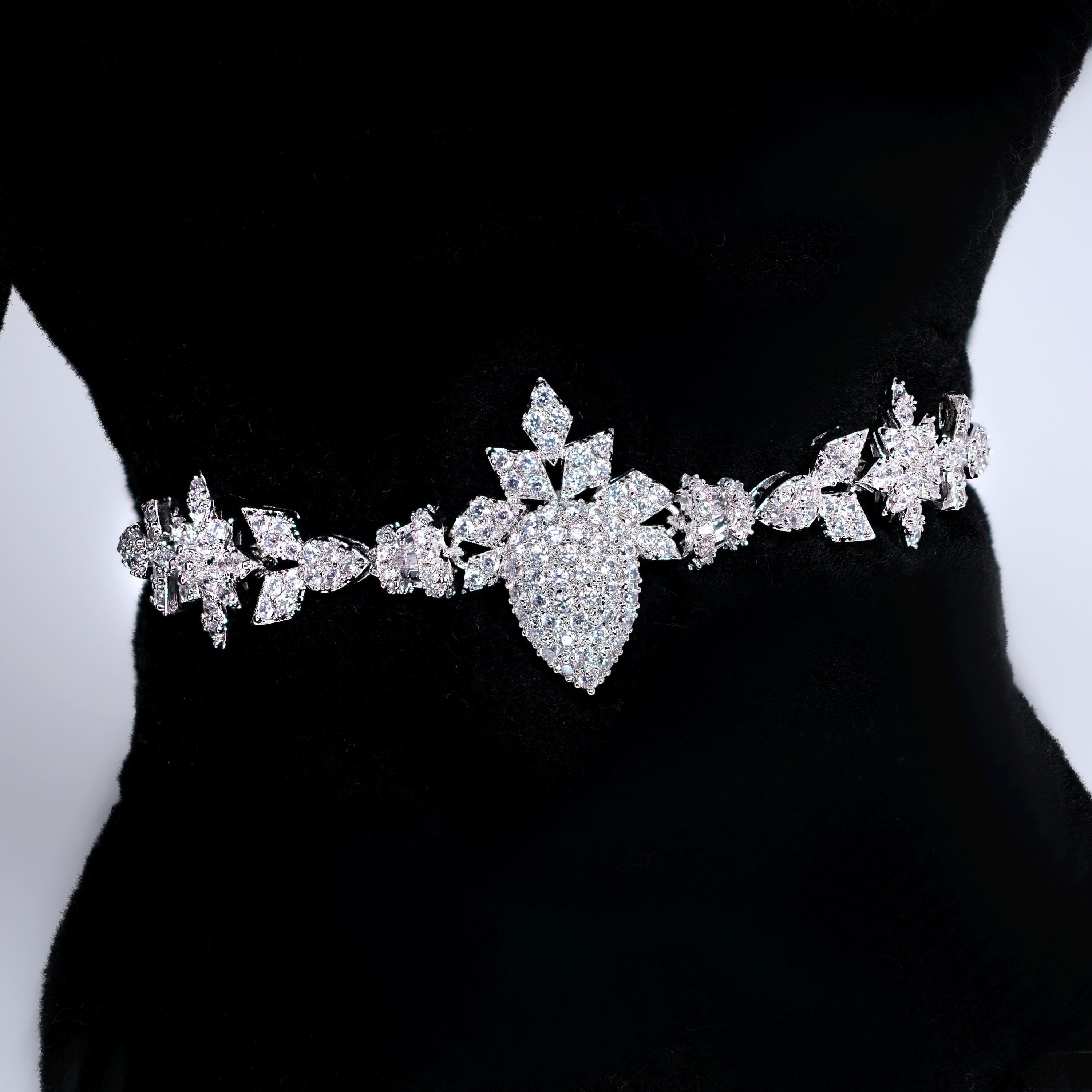 CZ Diamond Bridal Blossom Double Layer Jewelry Set, Long Bridal Earrings, Bracelet, Ring And Necklace, Statement Earrings Cz Necklace Set.