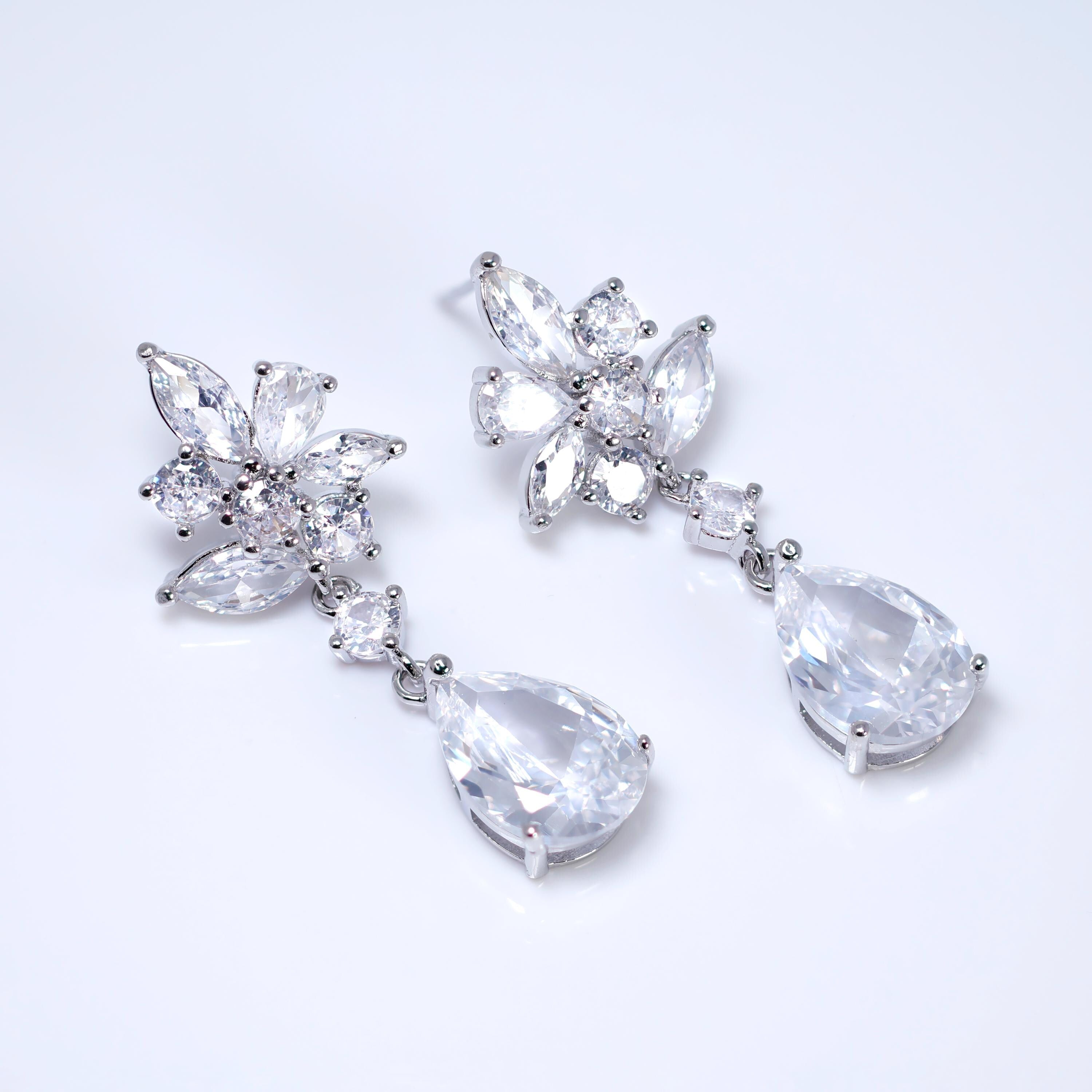 CZ Diamond Whispering Petals Jewelry Set, Long Bridal Earrings, Bracelet, Ring And Necklace, Statement Earrings Cz Necklace Set.