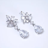 CZ Diamond Whispering Petals Jewelry Set, Long Bridal Earrings, Bracelet, Ring And Necklace, Statement Earrings Cz Necklace Set.