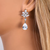 CZ Diamond Whispering Petals Jewelry Set, Long Bridal Earrings, Bracelet, Ring And Necklace, Statement Earrings Cz Necklace Set.