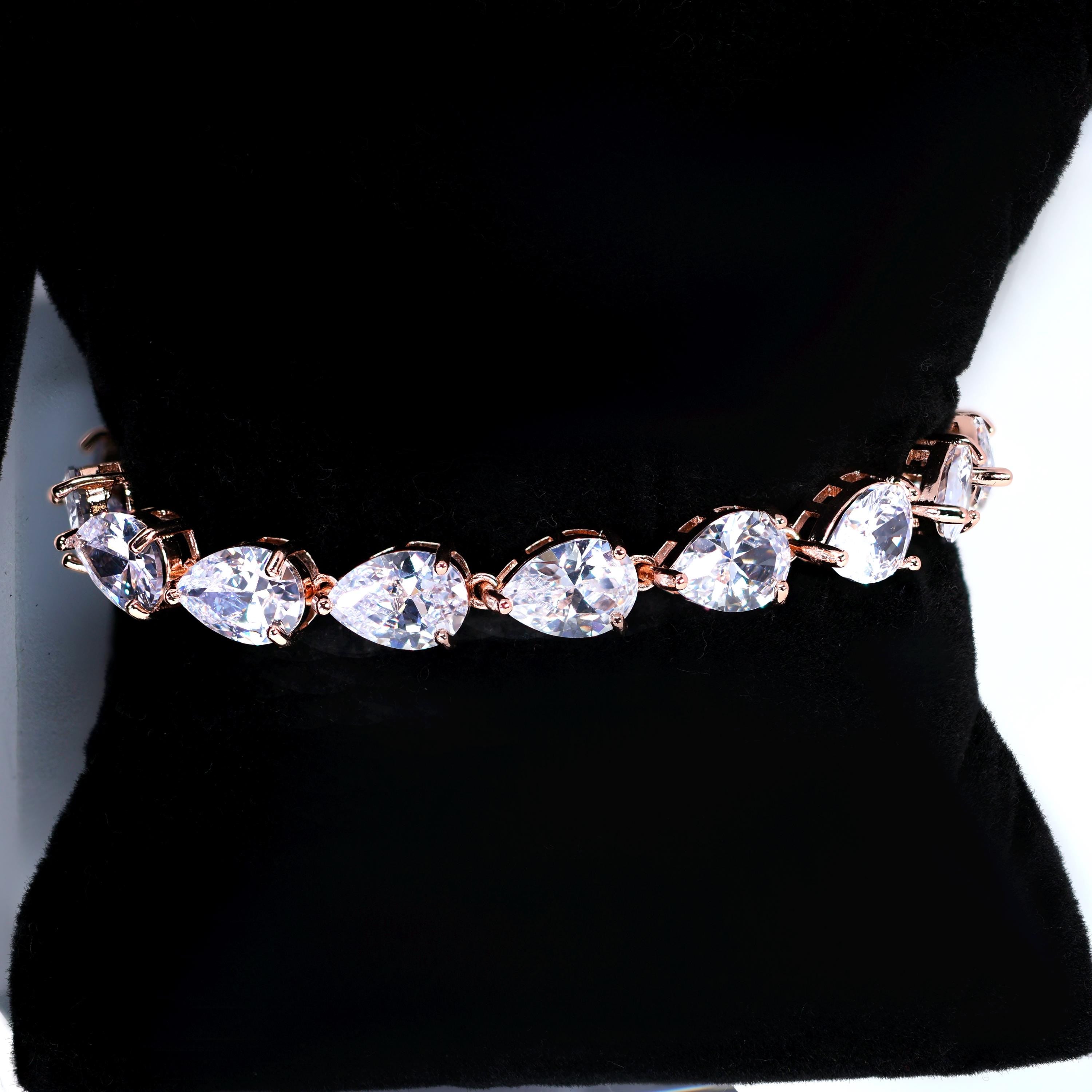 CZ Diamond Tear of Rose Set Jewelry Set, Rose Gold Long Bridal Earrings, Bracelet, Ring And Necklace, Statement Earrings Cz Necklace Set.