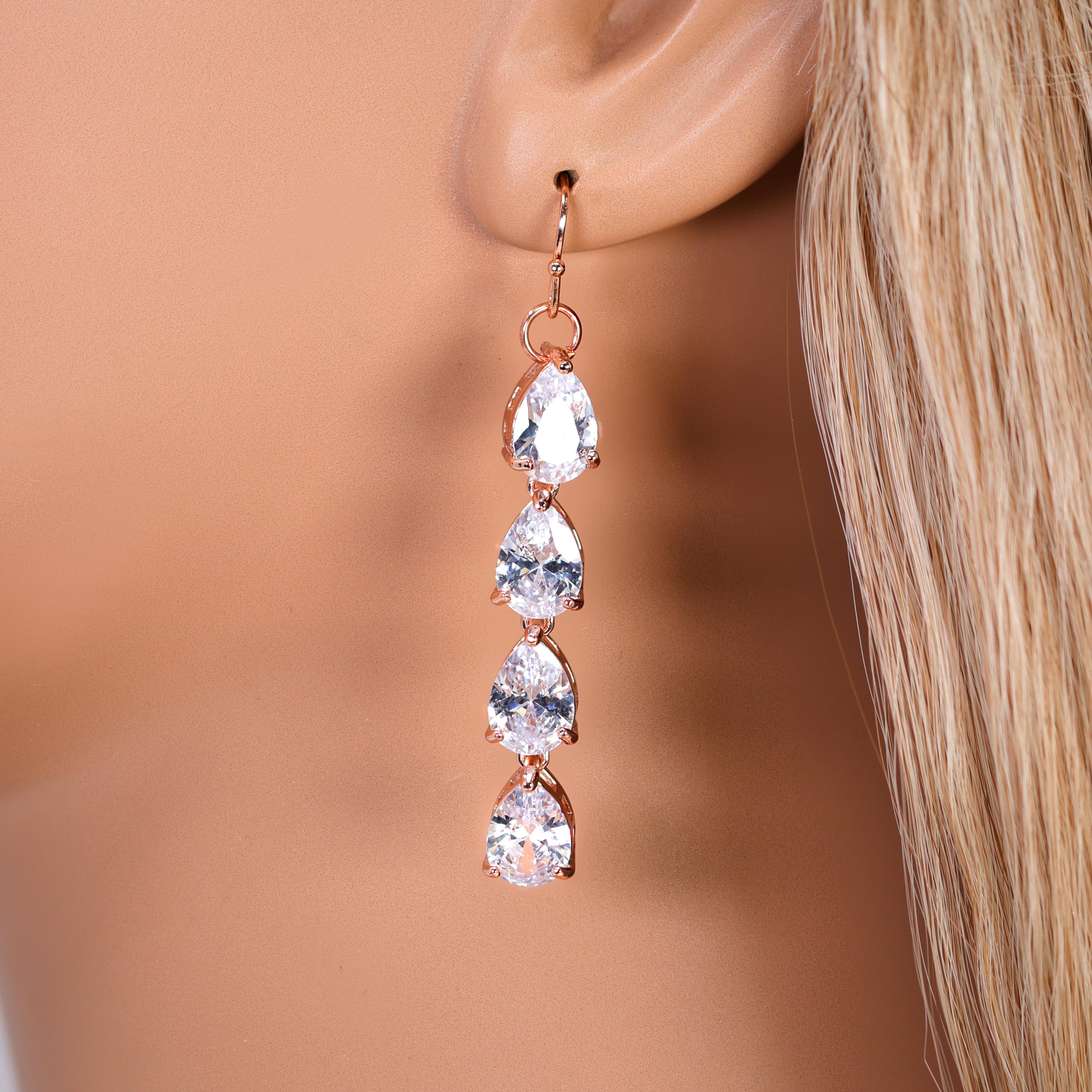 CZ Diamond Tear of Rose Set Jewelry Set, Rose Gold Long Bridal Earrings, Bracelet, Ring And Necklace, Statement Earrings Cz Necklace Set.