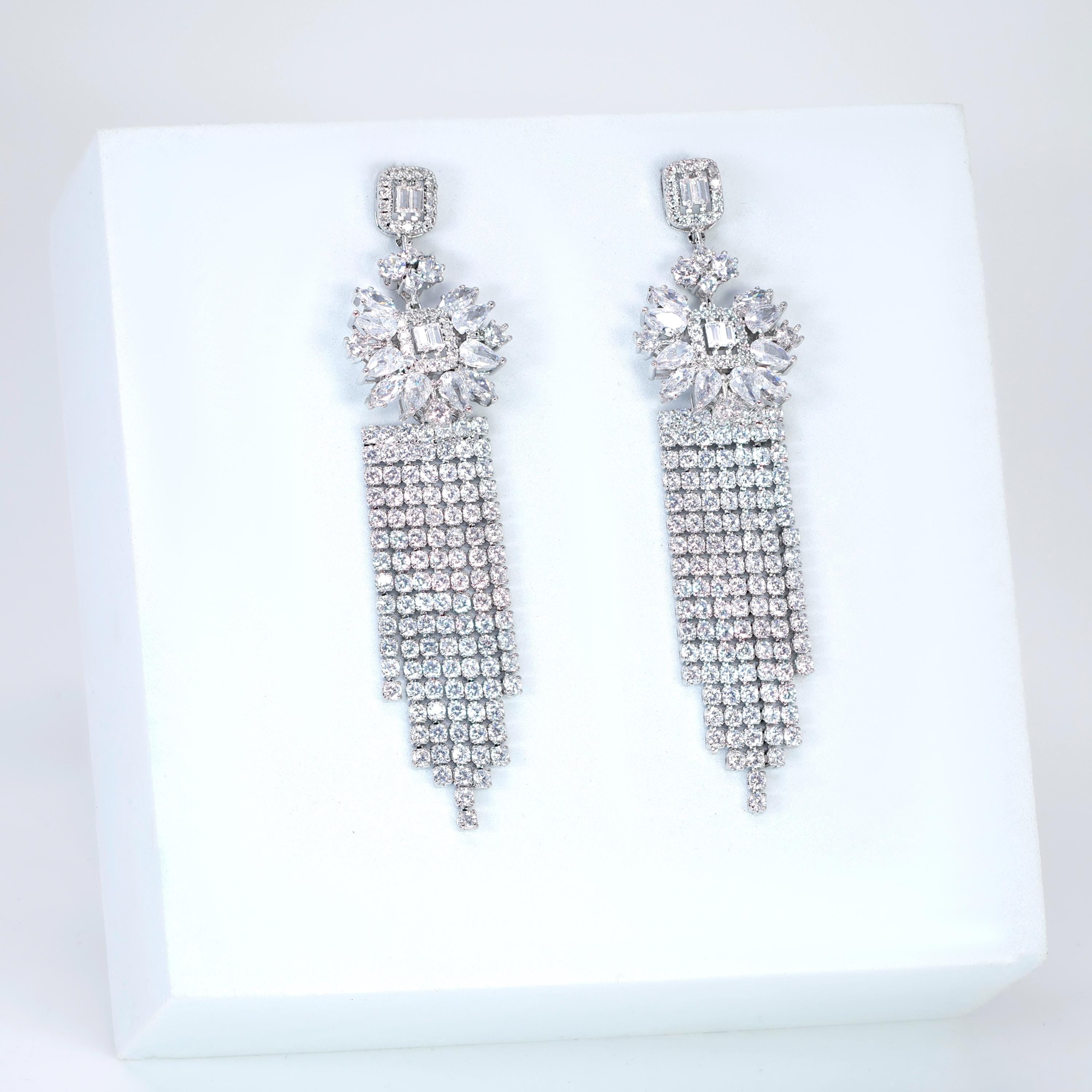 CZ Dainty Celestial Rain Diamond Tassel Drop Crystal, Diamond Leaves Earrings, Long Bridal Jewelry, Bridal Earrings, Crystal Bridal Earrings