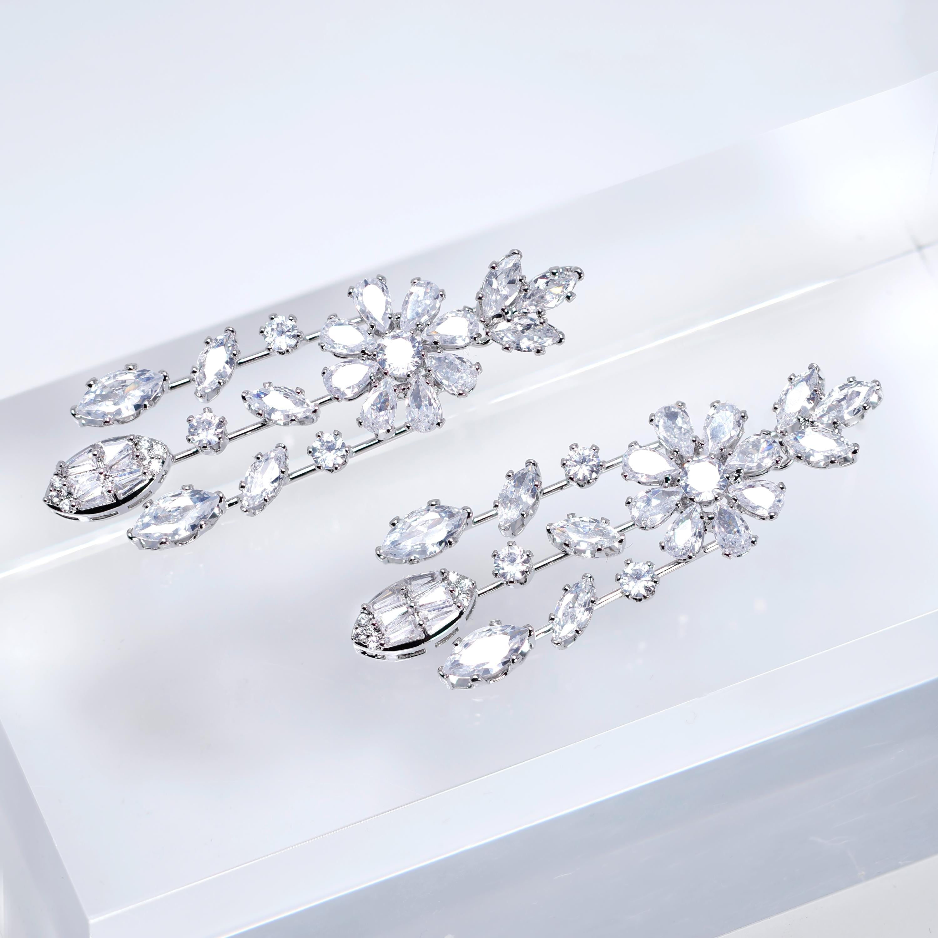 CZ Dainty Fleur d’Éclat Diamond Tassel Drop Crystal, Diamond Leaves Earrings, Long Bridal Jewelry, Bridal Earrings, Crystal Bridal Earrings