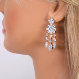 CZ Dainty Fleur d’Éclat Diamond Tassel Drop Crystal, Diamond Leaves Earrings, Long Bridal Jewelry, Bridal Earrings, Crystal Bridal Earrings