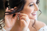 May include: Silver dangle earrings with clear stones and leaf designs.