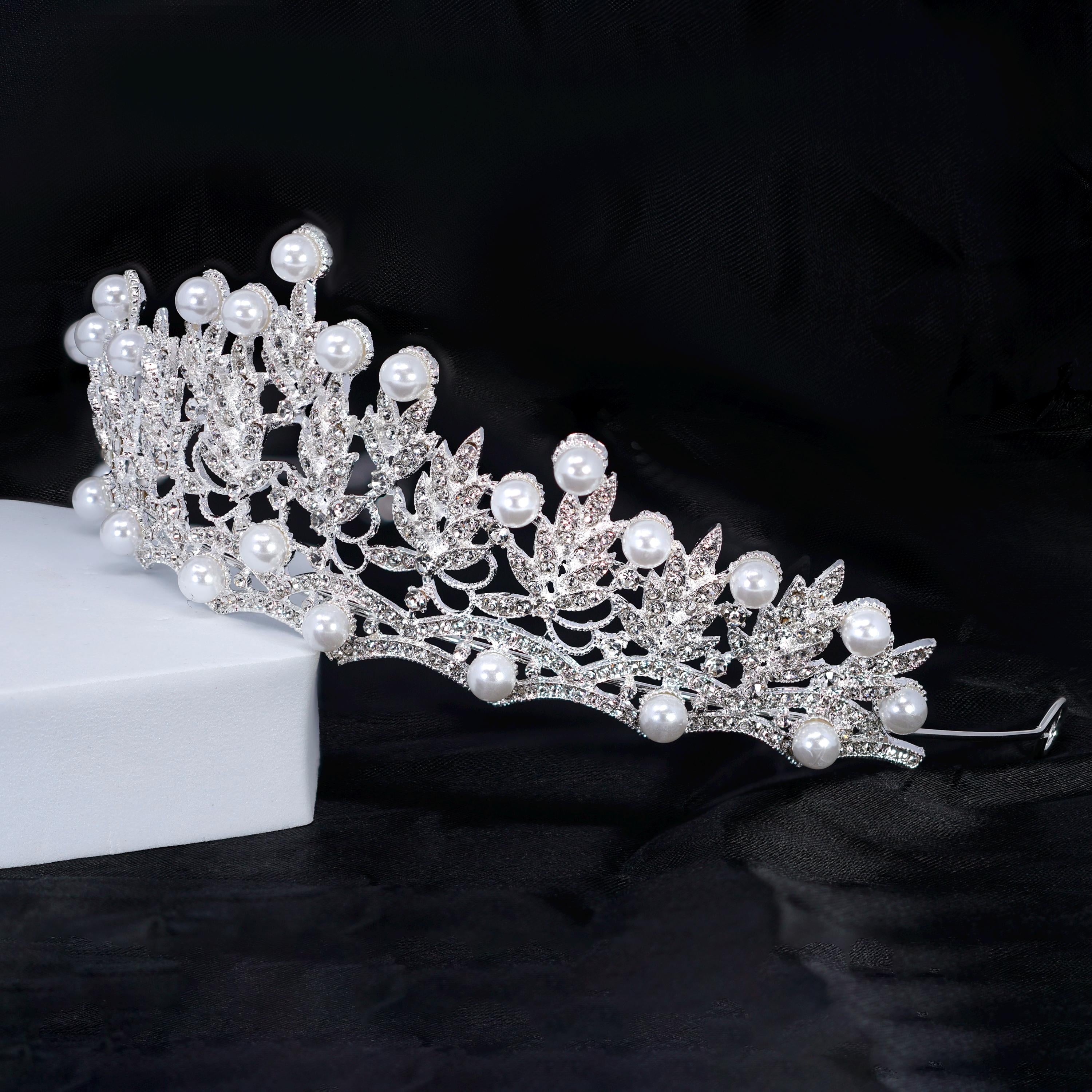 Luxury Crystals Pearl Crest Tiara Floral Leaves Queen Tiara , Bridal Crown, Crystal Wedding, Crystal Wedding Crown, Tiara Bride