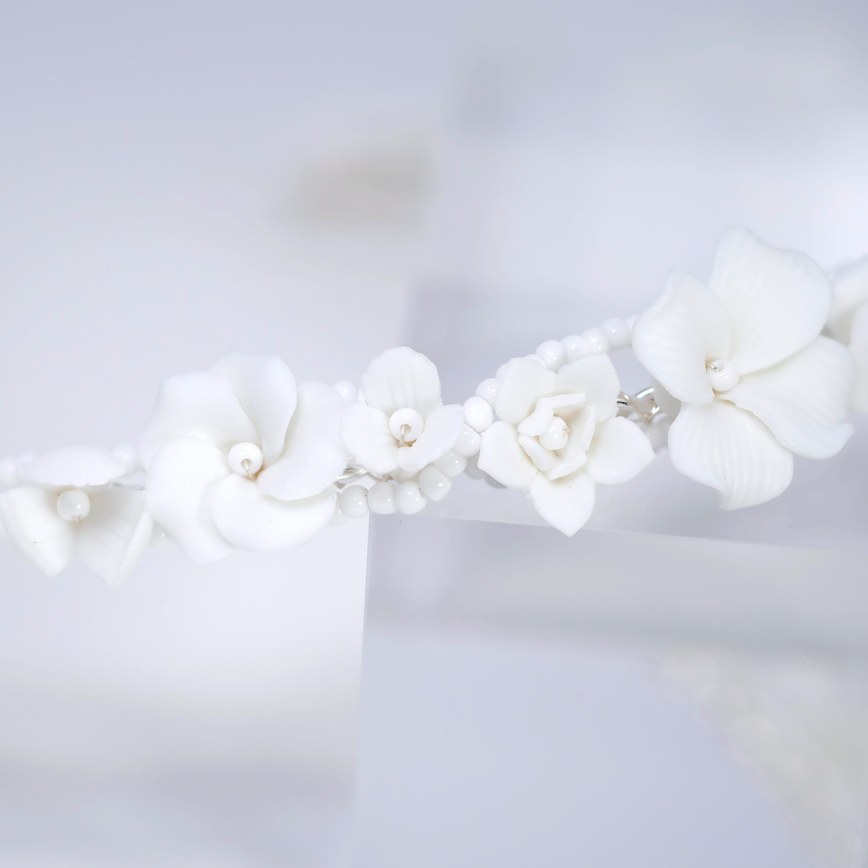 Faux Pearl Porcelain/Ceramic White Flower Floral Serenade Pearl Bridal Headband, Bridal Hair Vine, Delicate Headband, Hair accessories.