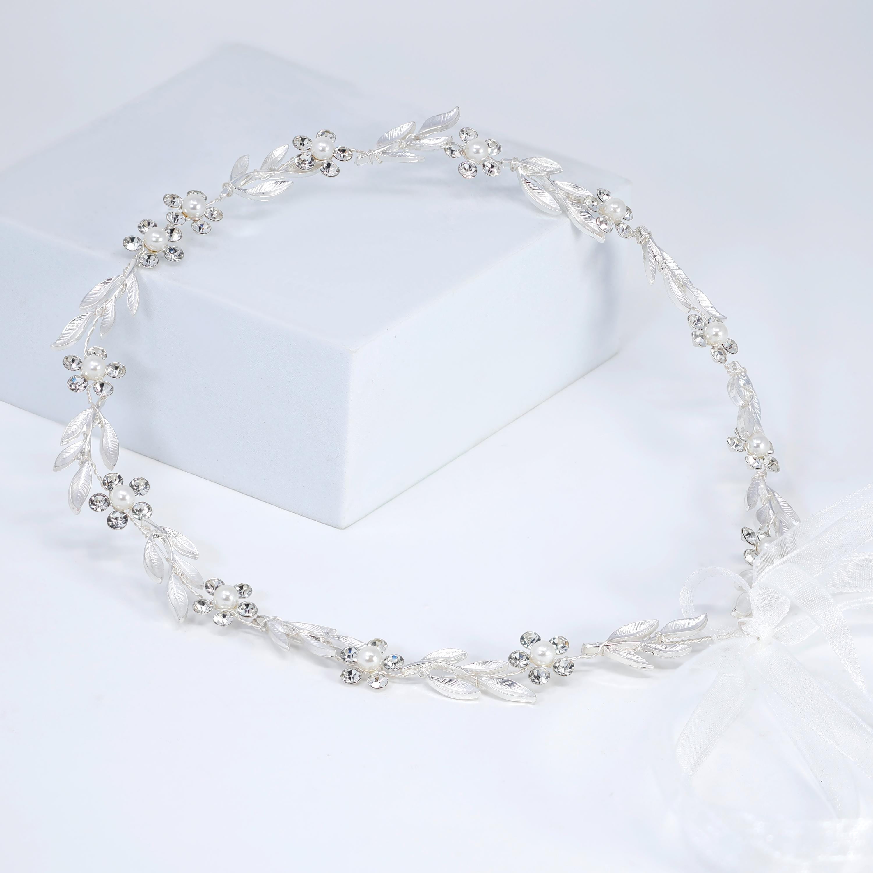 Silver Laurel Whisper Faux Pearl And Crystals Bridal Headband, Bridal Hair Vine, Delicate Headband, Hair accessories.