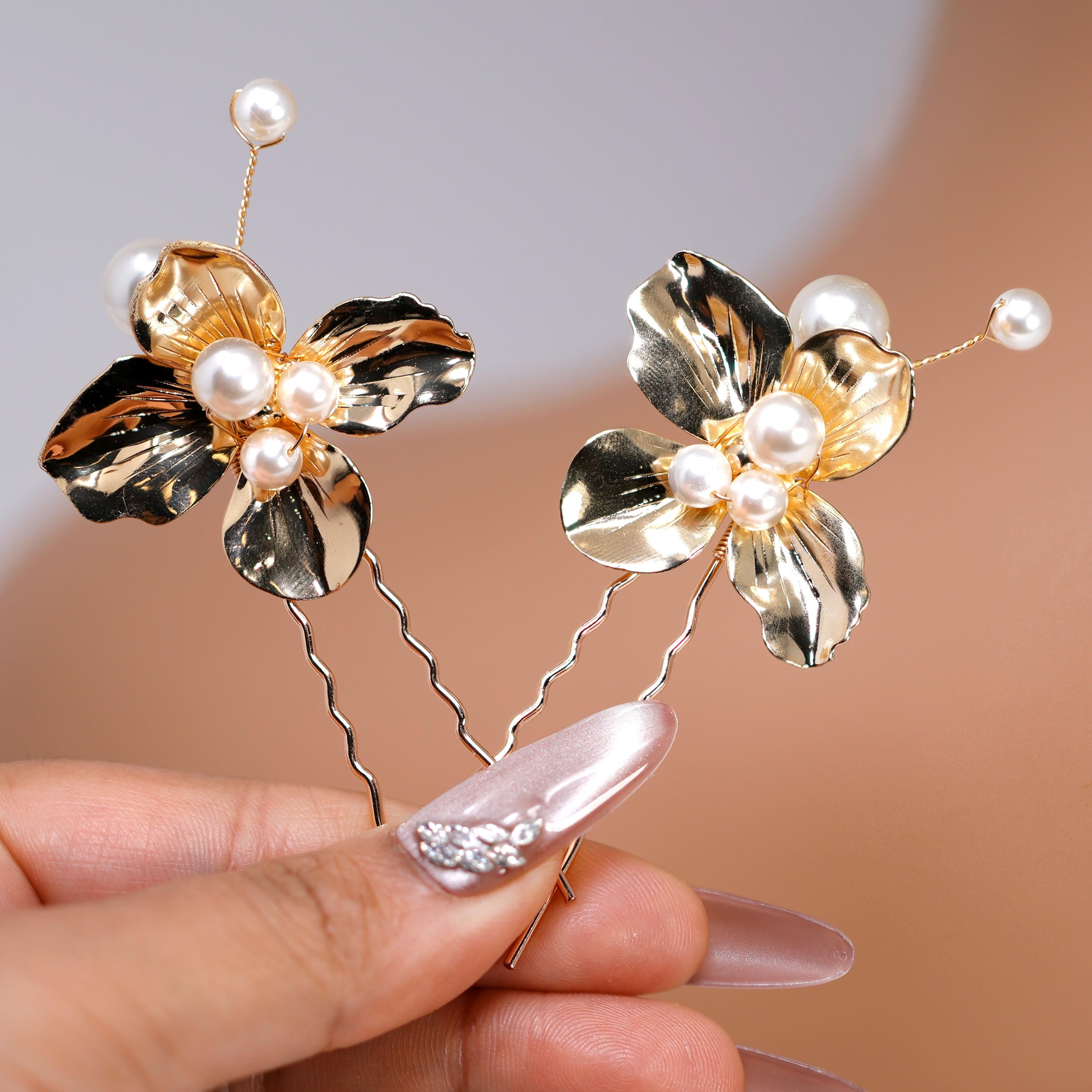 Golden Bloom Ensemble Faux Pearl Bridal Hair Pins And Comb Set, Bridal Hair Piece, Wedding Hair Accessory.