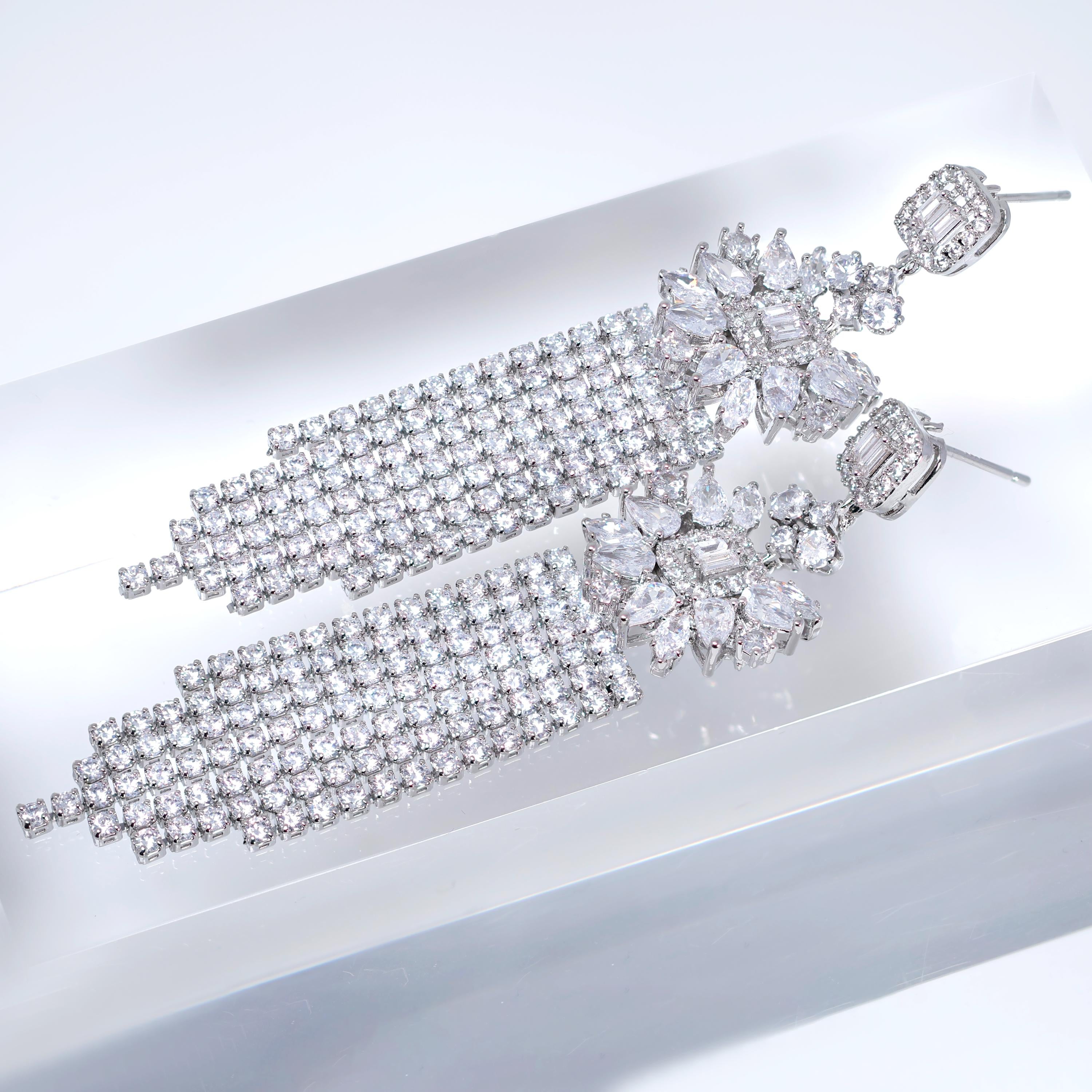 CZ Dainty Celestial Rain Diamond Tassel Drop Crystal, Diamond Leaves Earrings, Long Bridal Jewelry, Bridal Earrings, Crystal Bridal Earrings