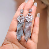 CZ Dainty Celestial Rain Diamond Tassel Drop Crystal, Diamond Leaves Earrings, Long Bridal Jewelry, Bridal Earrings, Crystal Bridal Earrings