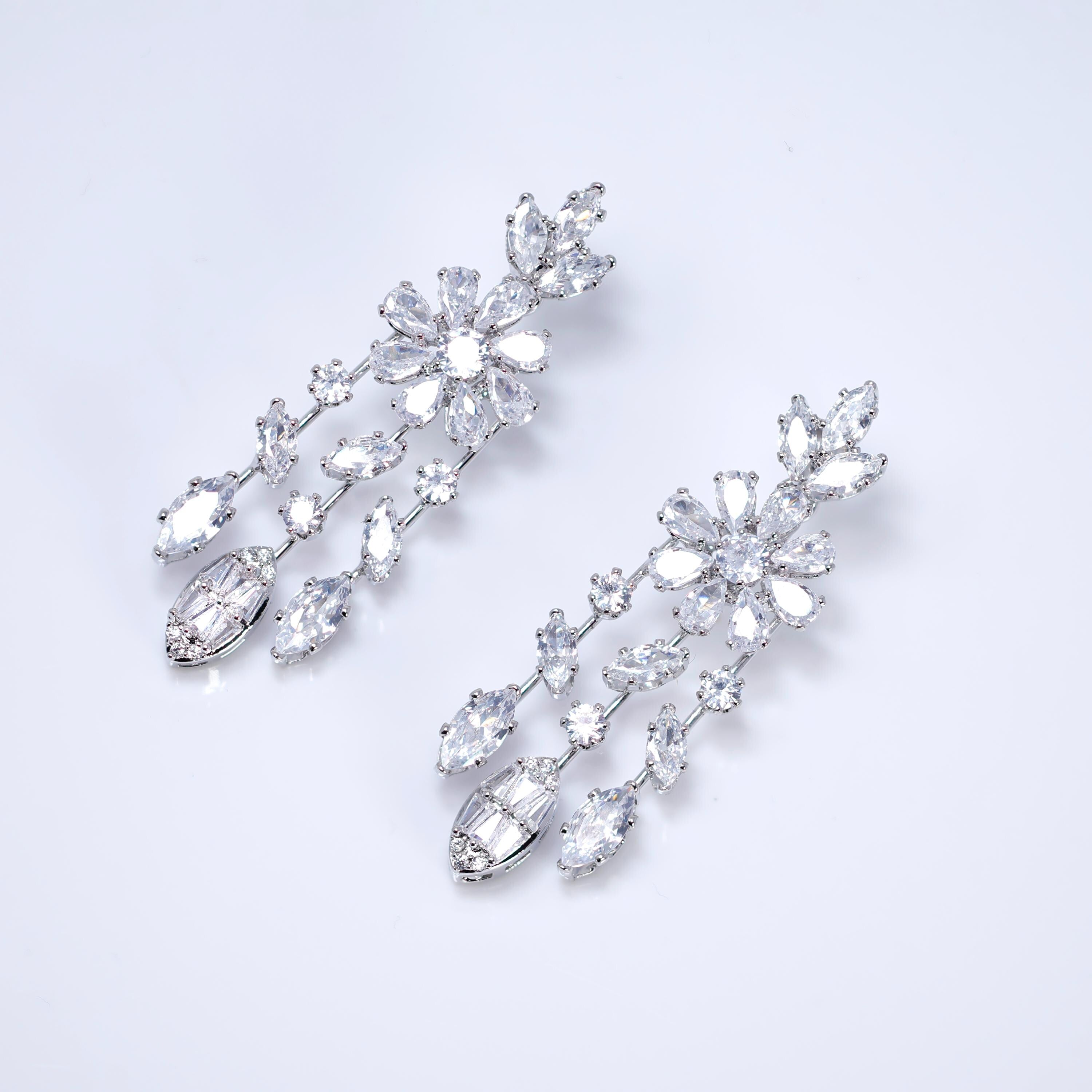 CZ Dainty Fleur d’Éclat Diamond Tassel Drop Crystal, Diamond Leaves Earrings, Long Bridal Jewelry, Bridal Earrings, Crystal Bridal Earrings
