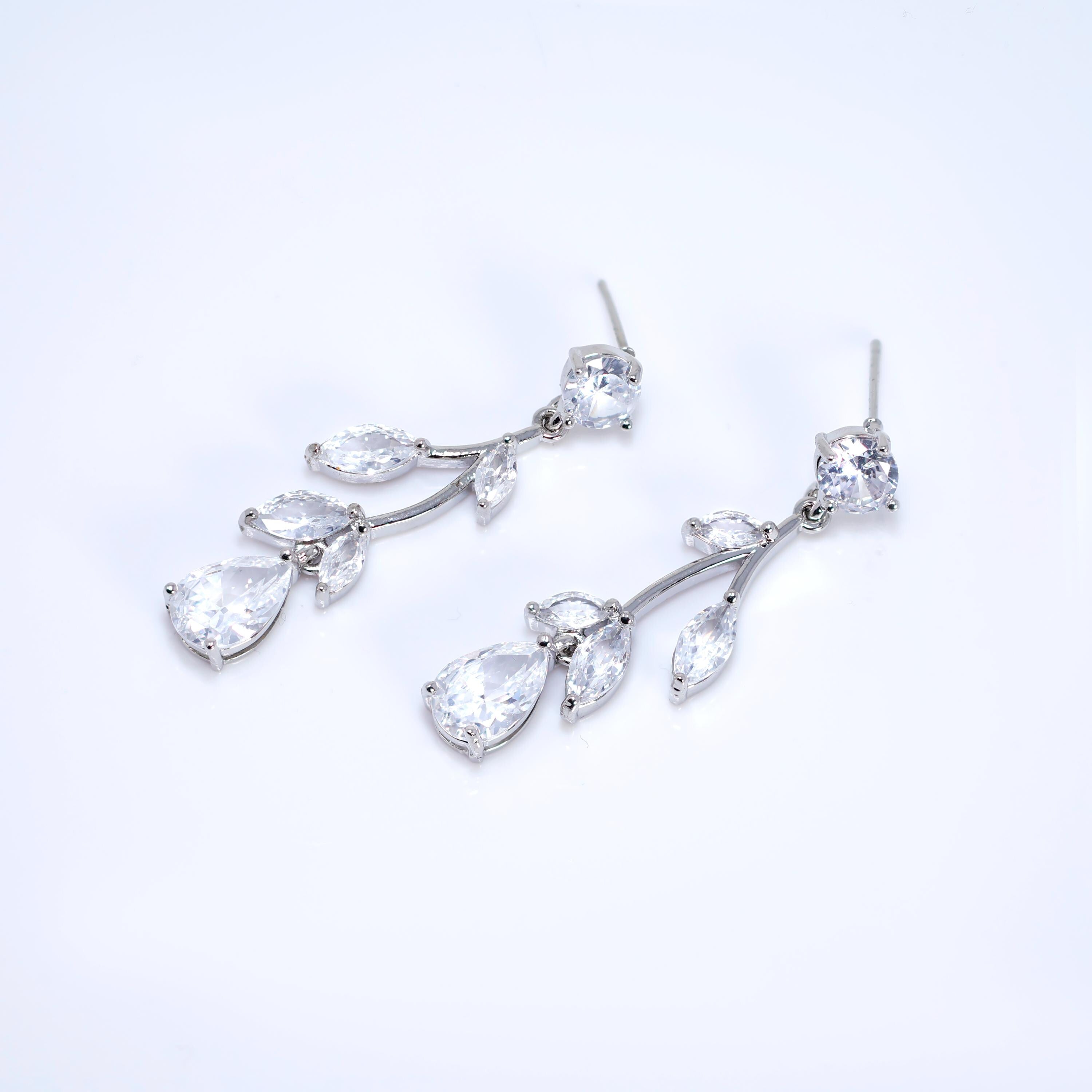 Swarovski Crystal Flower Vine Leaves Earrings, Long Bridal Jewelry, Bridal Earrings And Necklace, Statement Earrings Cz Necklace Set.