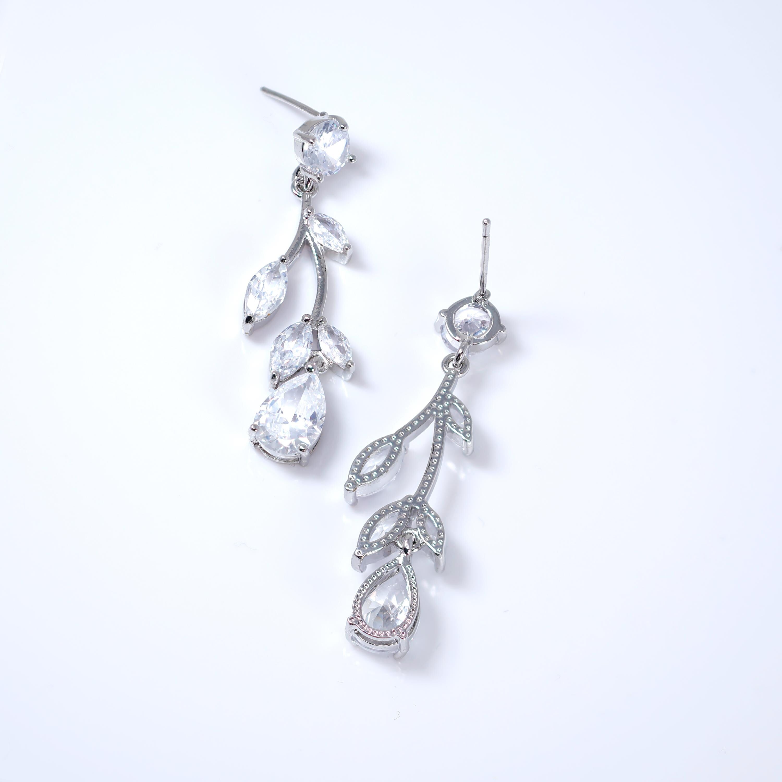 Swarovski Crystal Flower Vine Leaves Earrings, Long Bridal Jewelry, Bridal Earrings And Necklace, Statement Earrings Cz Necklace Set.