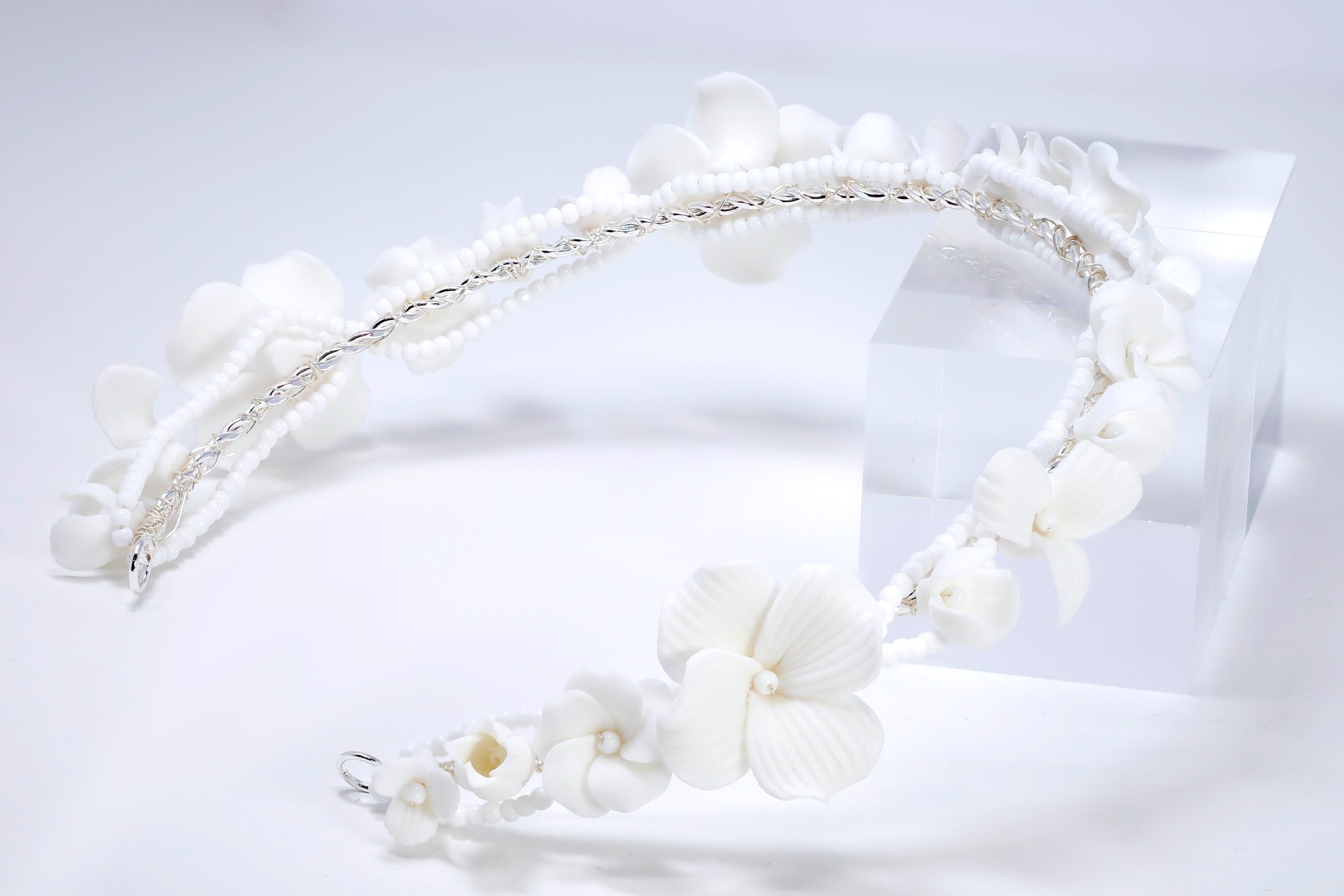 Faux Pearl Porcelain/Ceramic White Flower Floral Serenade Pearl Bridal Headband, Bridal Hair Vine, Delicate Headband, Hair accessories.