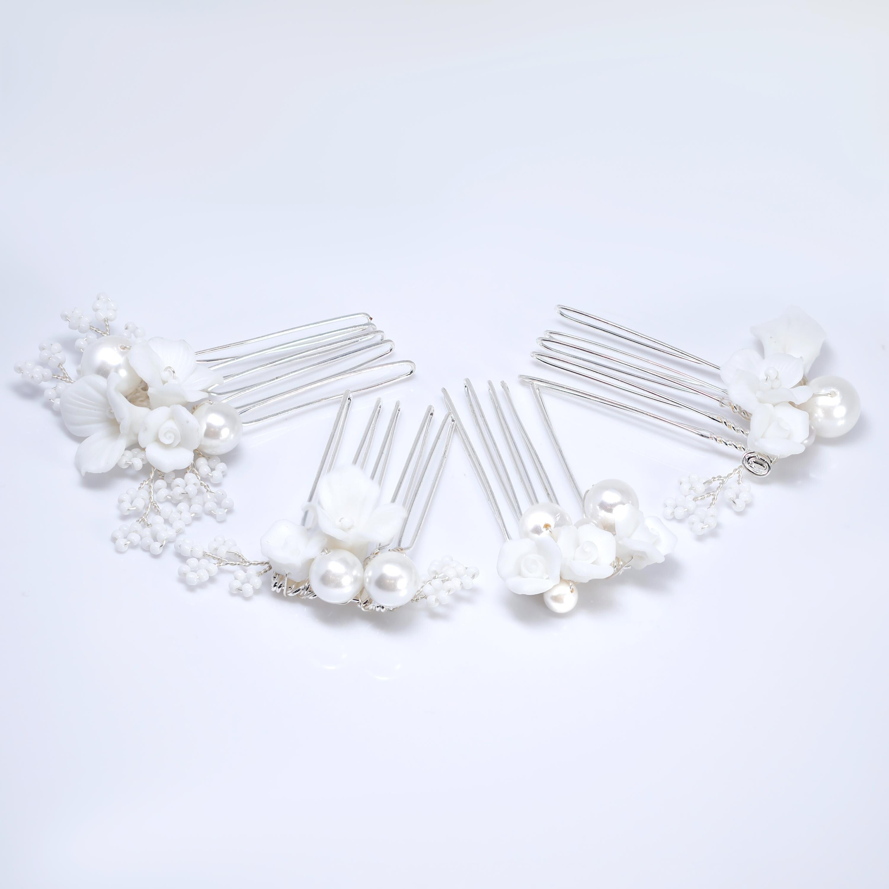 Ceramic White Flower Blossom Faux Pearl Set Of 4 Dainty Hair comb, Bridal Hair piece, Bridal Hair Accessories, Wedding Hair Accessory.