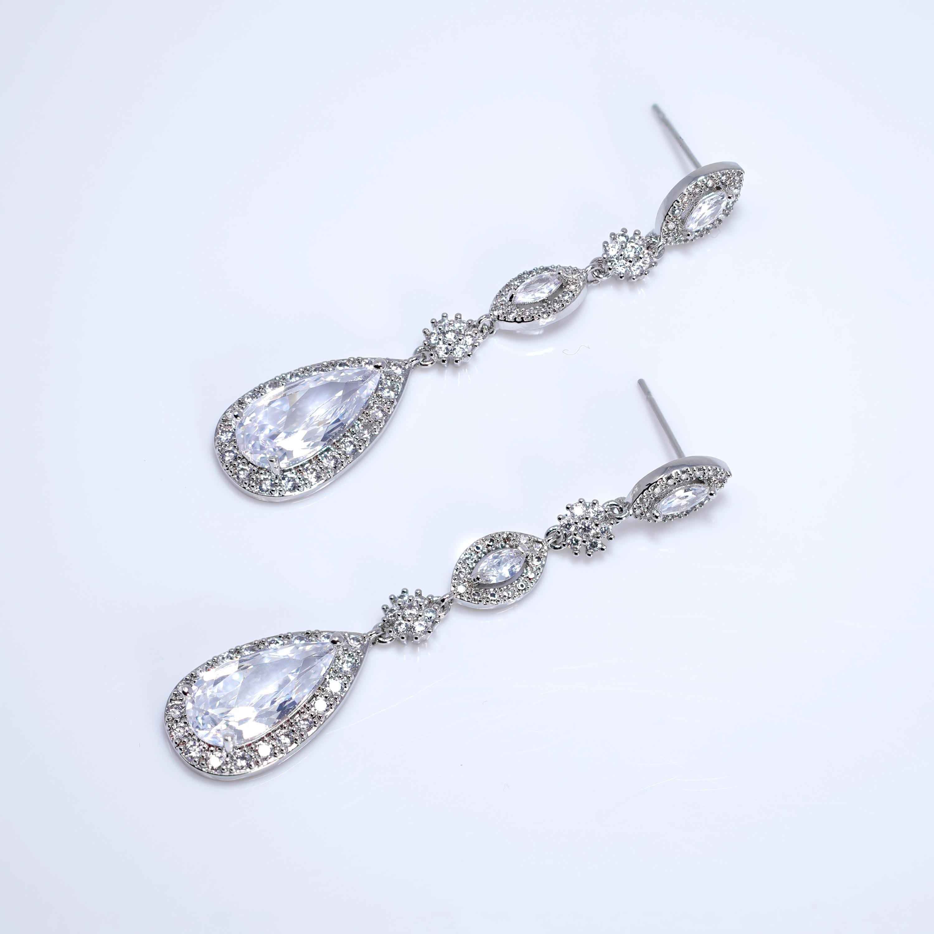Cubic Zirconia Petals Beneath the Stars Diamond Earrings, Long Bridal Jewelry, Crystal Bridal Earrings, Statement Earrings Cz