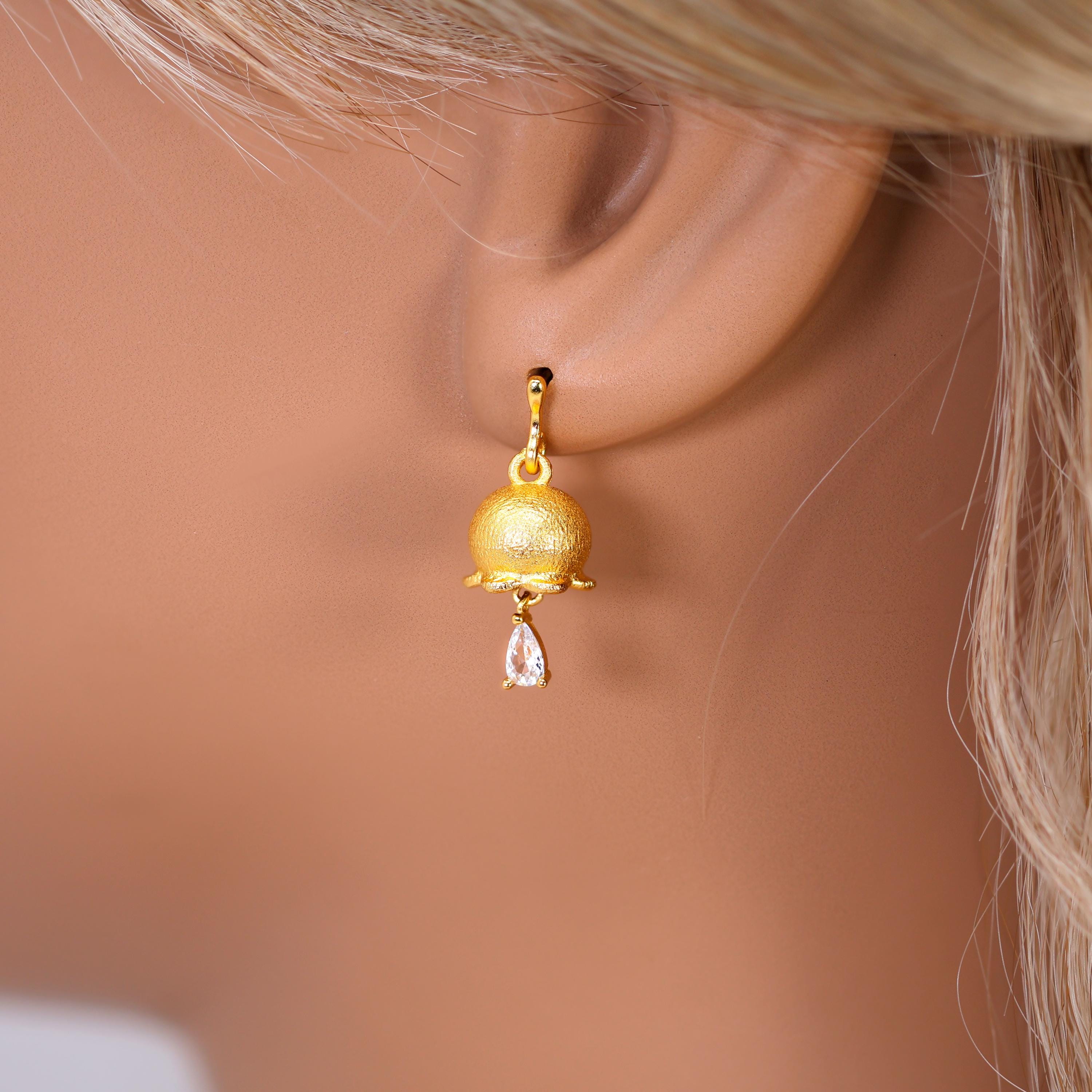 CZ Golden Bellflower Dew Drop Dainty Diamond Earrings, Long Bridal Jewelry, Bridal Earrings, Crystal Bridal Earrings, Statement Earrings Cz