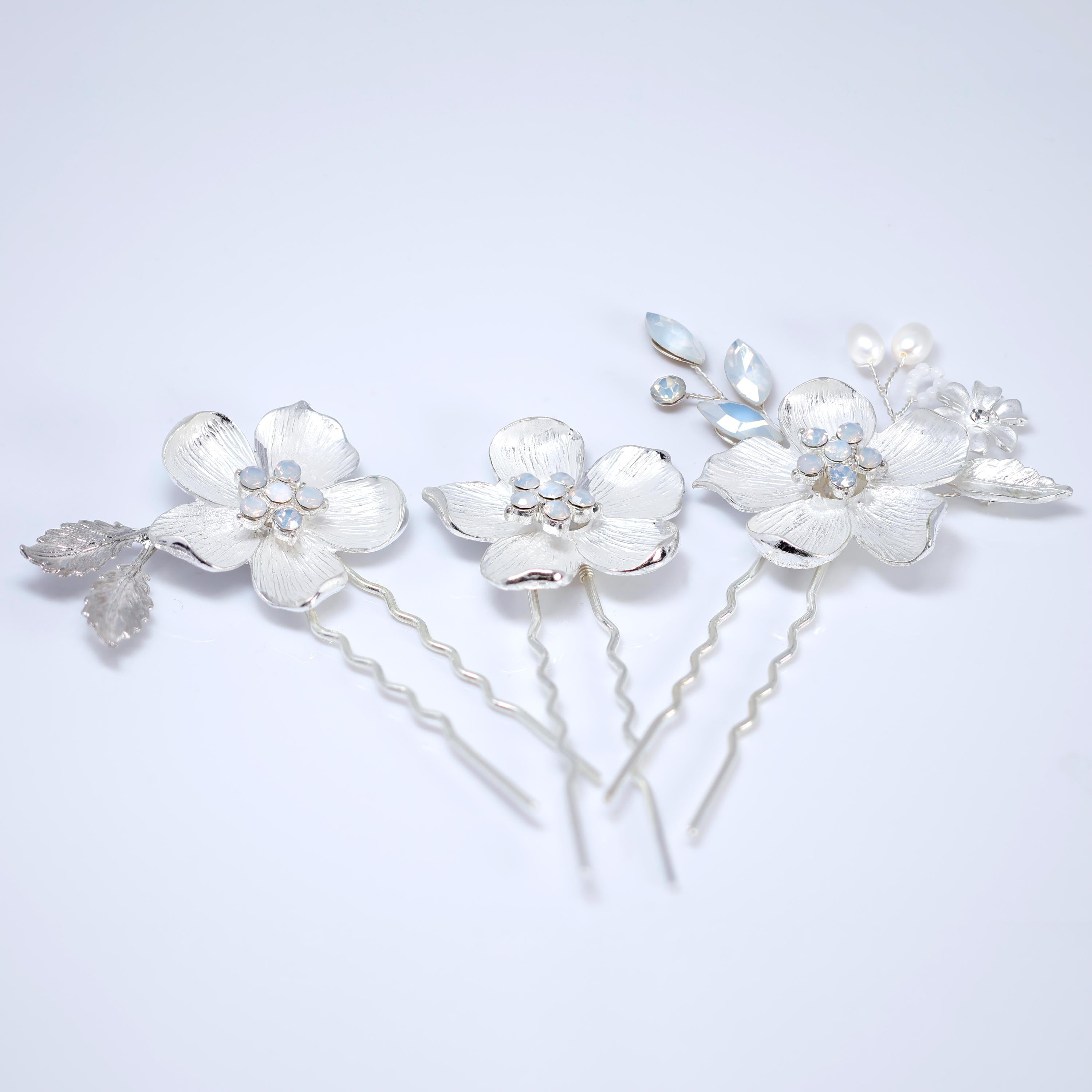 Set Of 3 Dreamy Floral Opal Bridal Hair Pins ,Bridal Hair Piece, Something Blue Hair Pins, Wedding Hair Accessory.