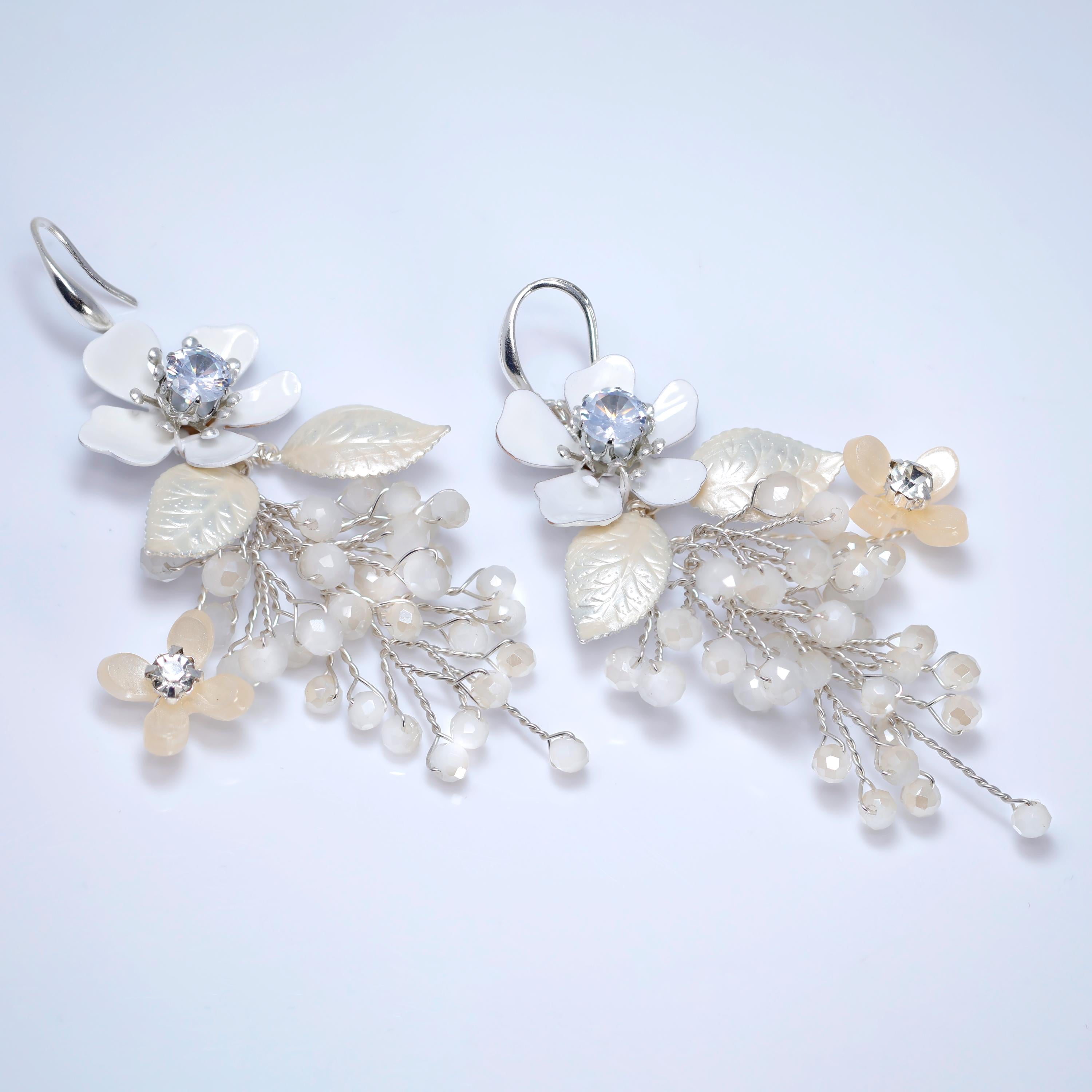 Swarovski Crystals Floral Showering Petals Bridal Earrings, Long Bridal Jewelry Bridal Earrings Clip On Earrings, Statement Earrings.