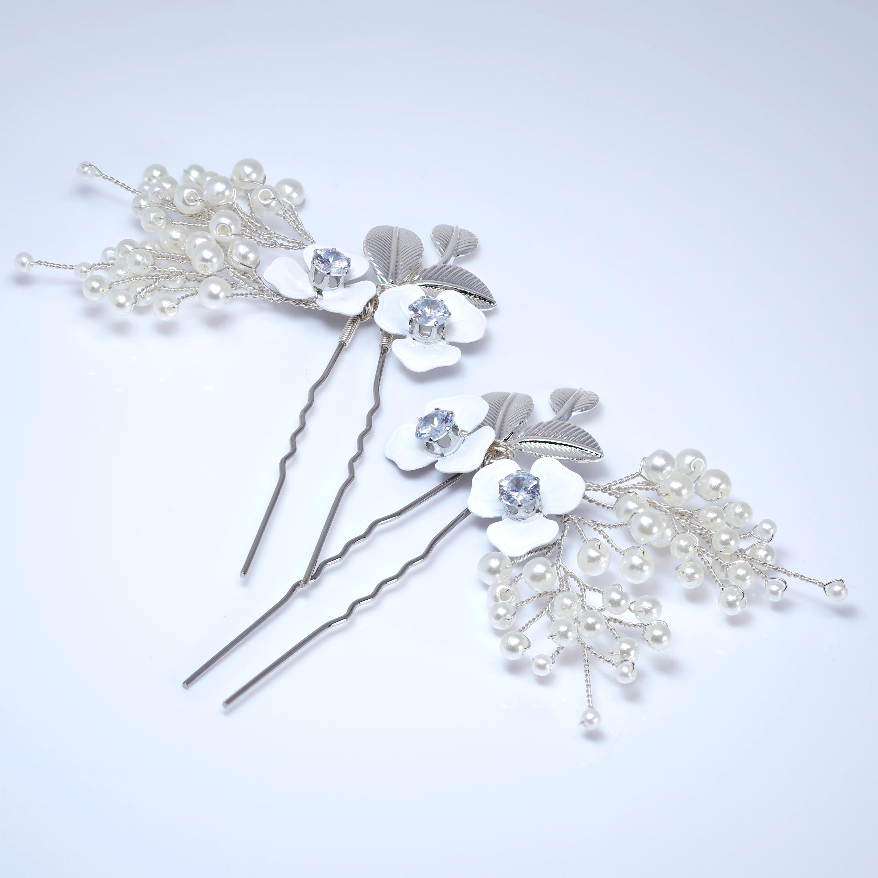 CZ Floral Showering Pearls Set of 2 Hair Pins Set , Faux Pearl Hair pins Set, Bridal Hair Accessories