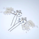 CZ Floral Showering Pearls Set of 2 Hair Pins Set , Faux Pearl Hair pins Set, Bridal Hair Accessories