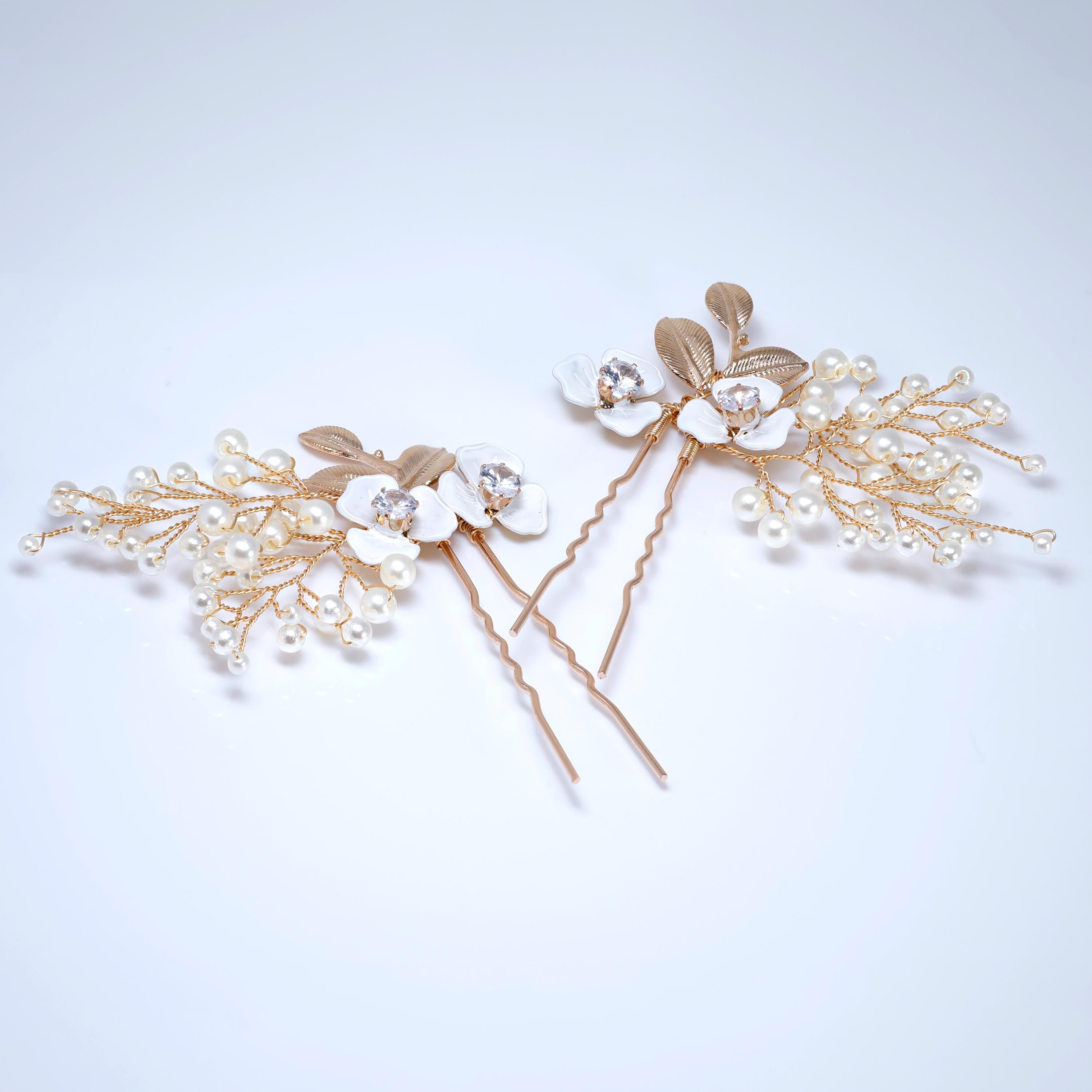 CZ Floral Showering Pearls Set of 2 Hair Pins Set , Faux Pearl Hair pins Set, Bridal Hair Accessories