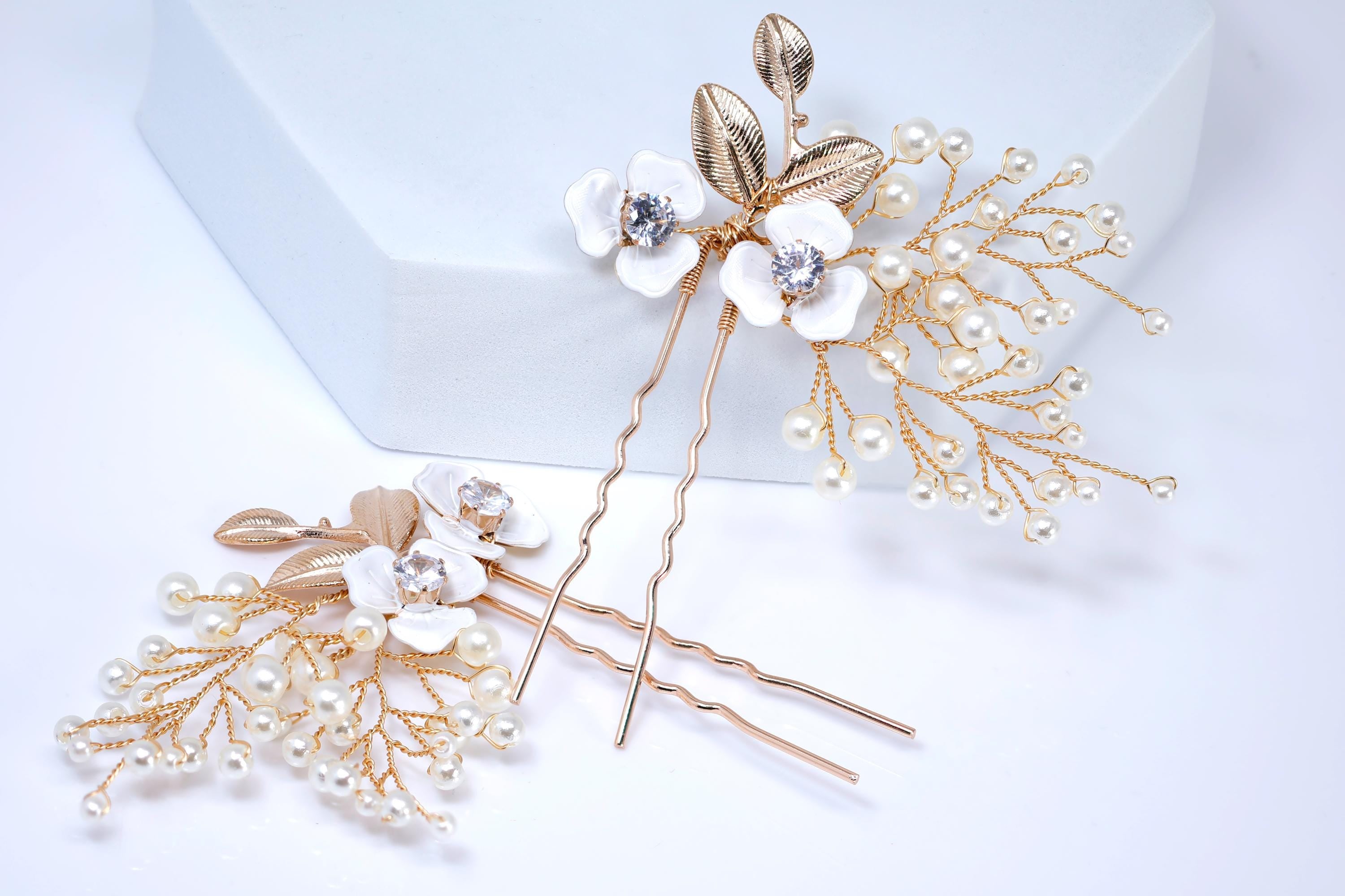 CZ Floral Showering Pearls Set of 2 Hair Pins Set , Faux Pearl Hair pins Set, Bridal Hair Accessories