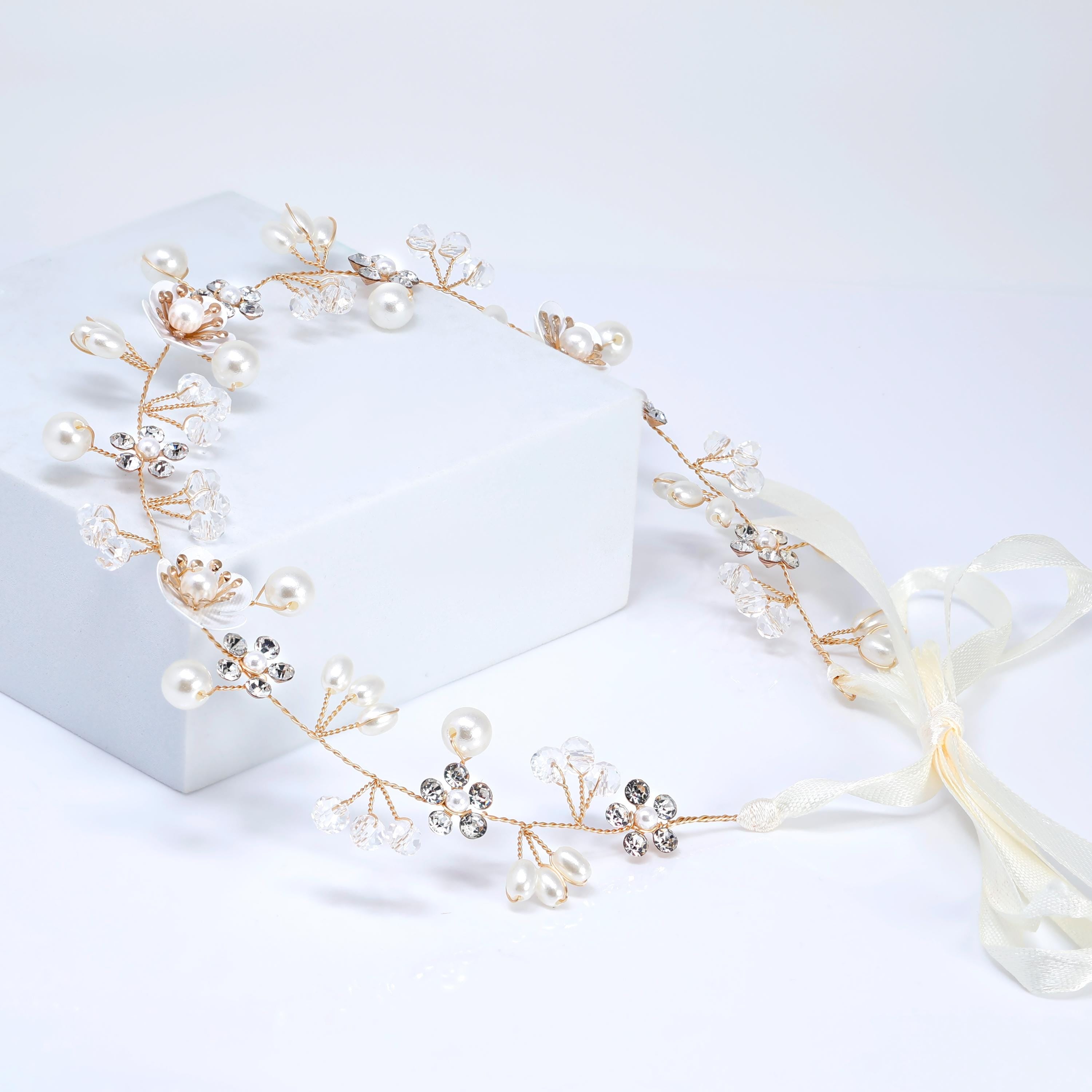 Dainty Faux Luster Pearls In Fairy's Floral Garden Bridal Headband, Bridal Hair Vine, Delicate Headband, Hair accessories.