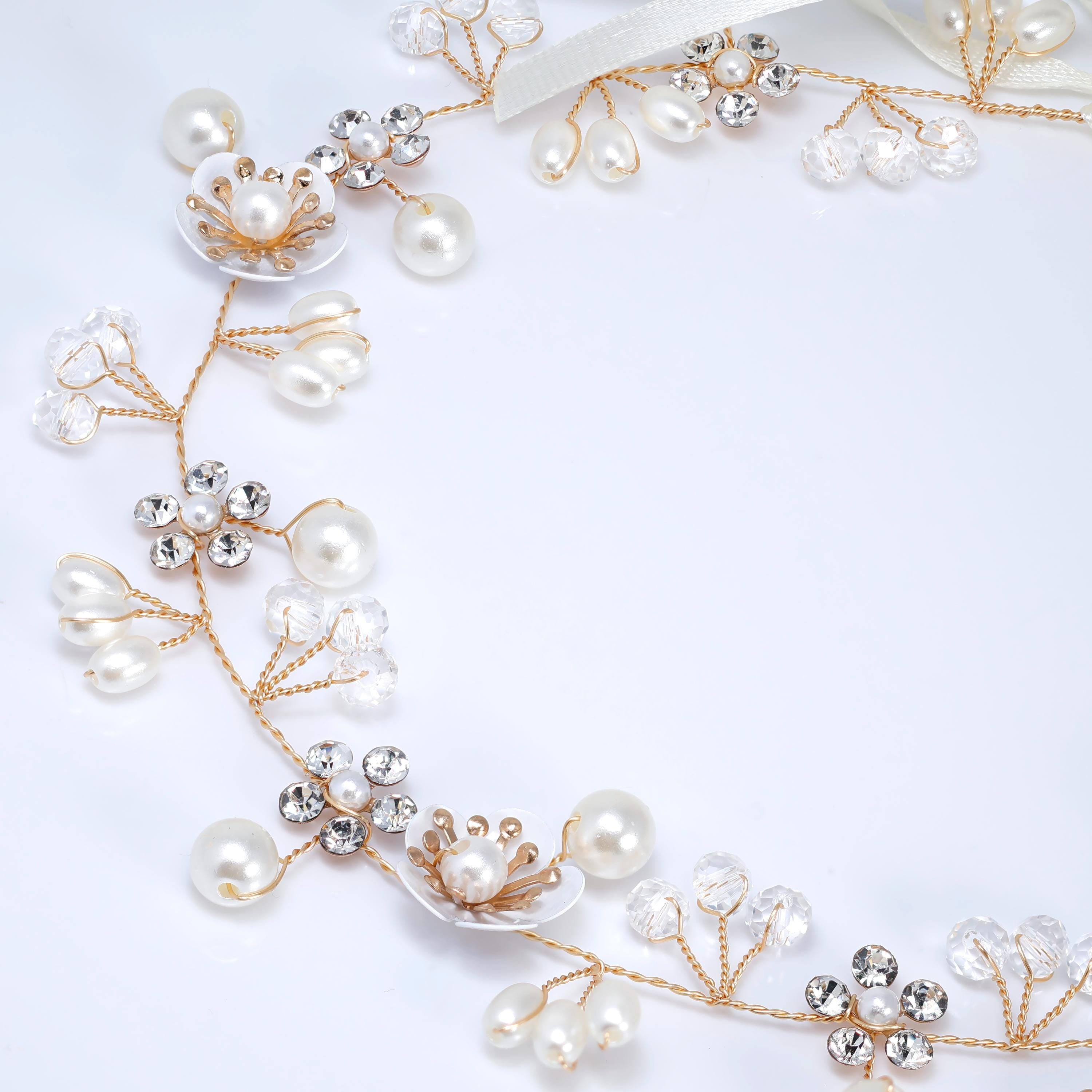 Dainty Faux Luster Pearls In Fairy's Floral Garden Bridal Headband, Bridal Hair Vine, Delicate Headband, Hair accessories.