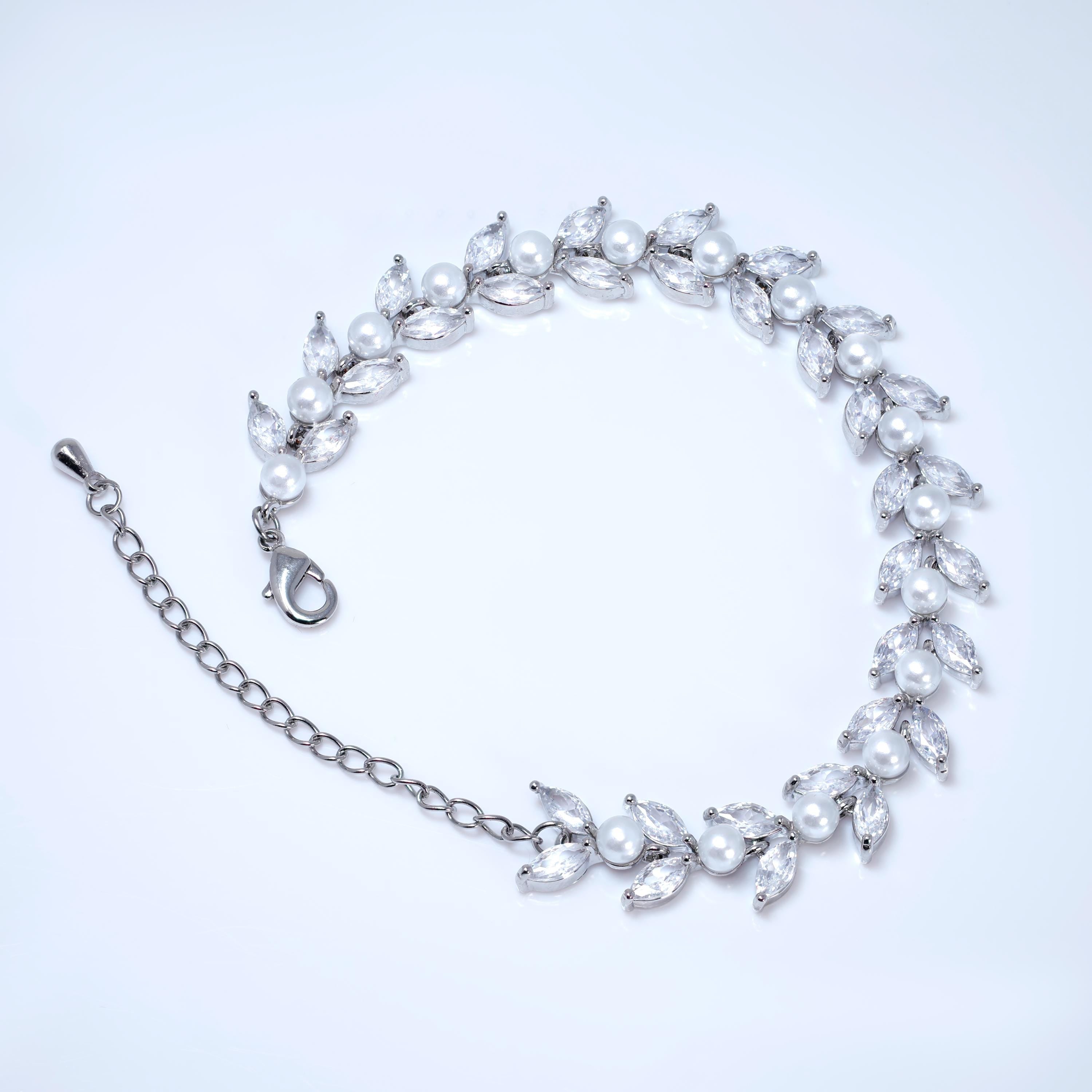 CZ Diamond Vine Leaves And Pearl Wedding Bracelet, Bridal Bracelet, Cubic Zirconia Bracelet, Bridal jewelry, Wedding Accessories