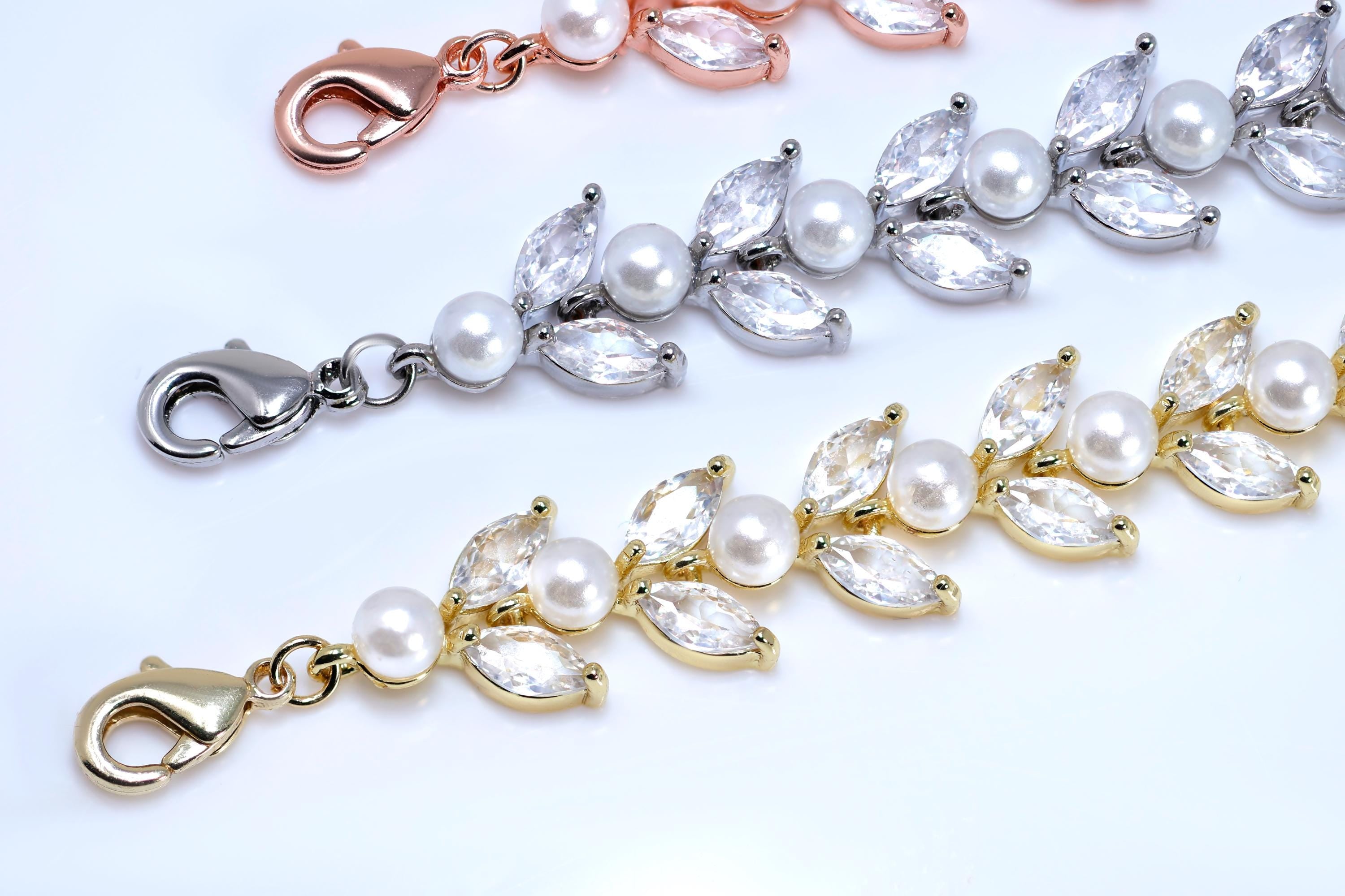 CZ Diamond Vine Leaves And Pearl Wedding Bracelet, Bridal Bracelet, Cubic Zirconia Bracelet, Bridal jewelry, Wedding Accessories