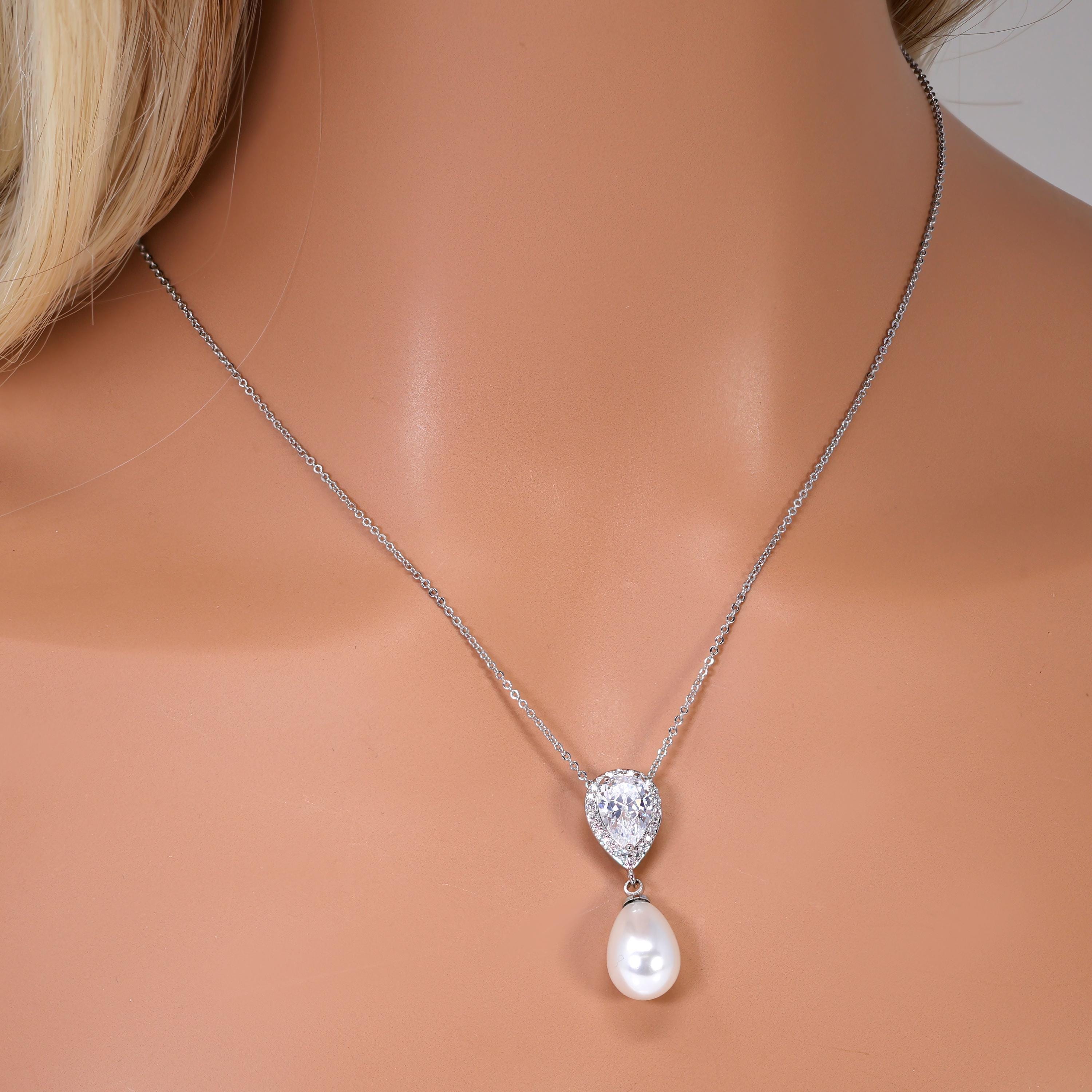CZ Pearl Drop Necklace Set, Gift For Her, Bridesmaid Gift, Mother Of Bride/Groom Gift, Maid Of Honor Accessories.