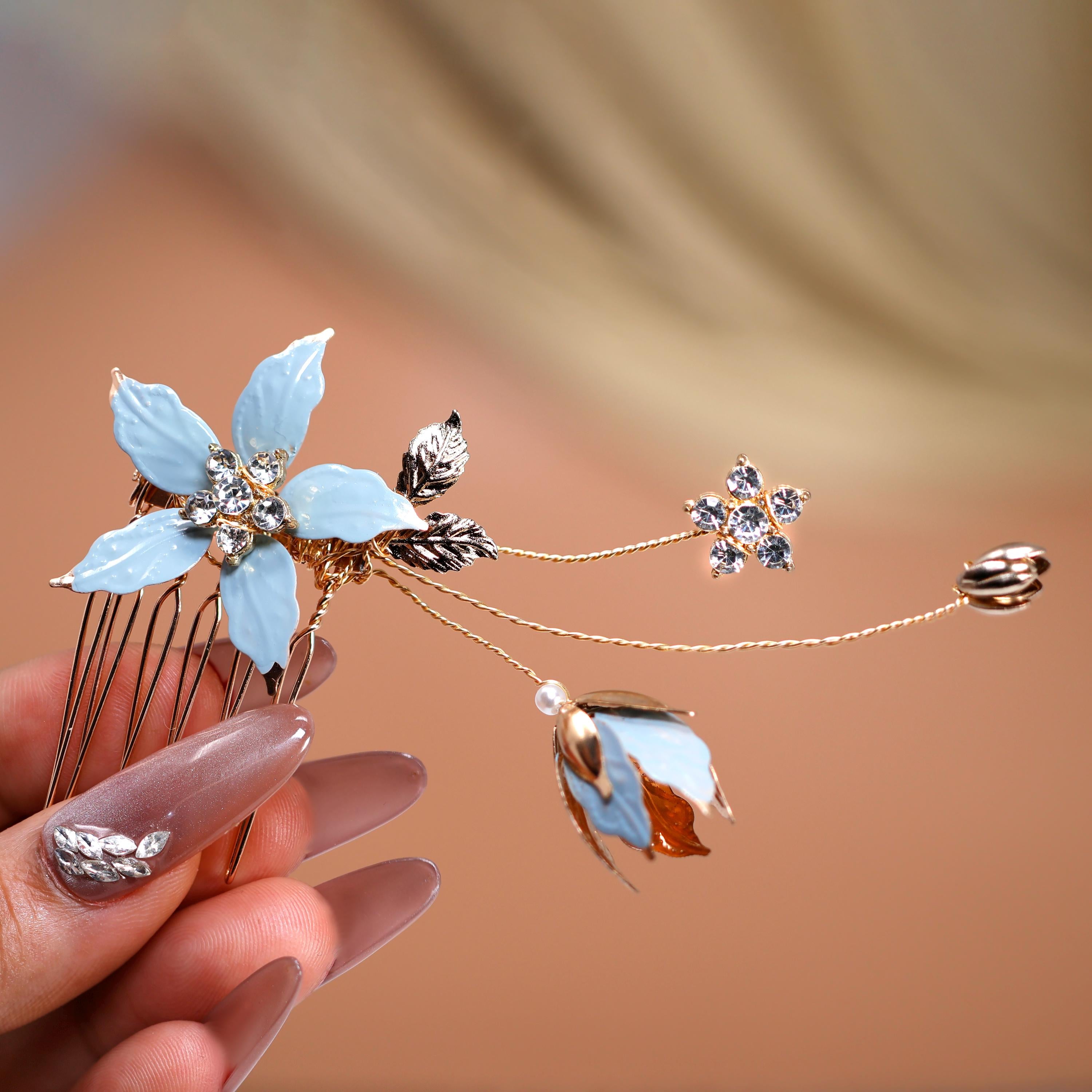 Something Blue Flowers Rhinestones And Pearl Bridal Hair Comb, Bridal Hair Piece, Bridal Hair Accessories, Wedding Hair Accessory.