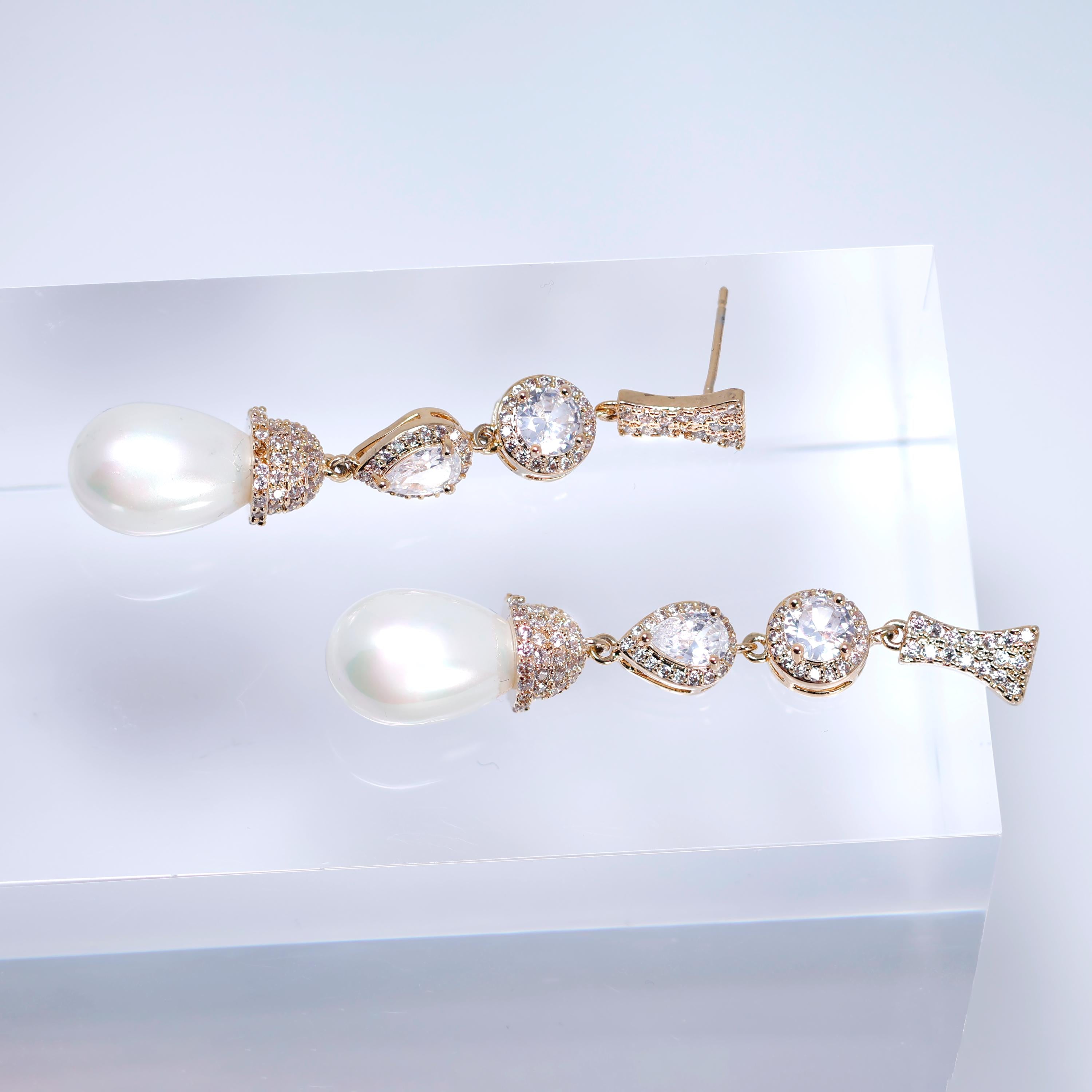CZ Diamond Mini Pearl Drop Gold Plated Earring, Diamond Earrings, Long Bridal Jewelry, Crystal Bridal Earrings, Statement Earrings Cz
