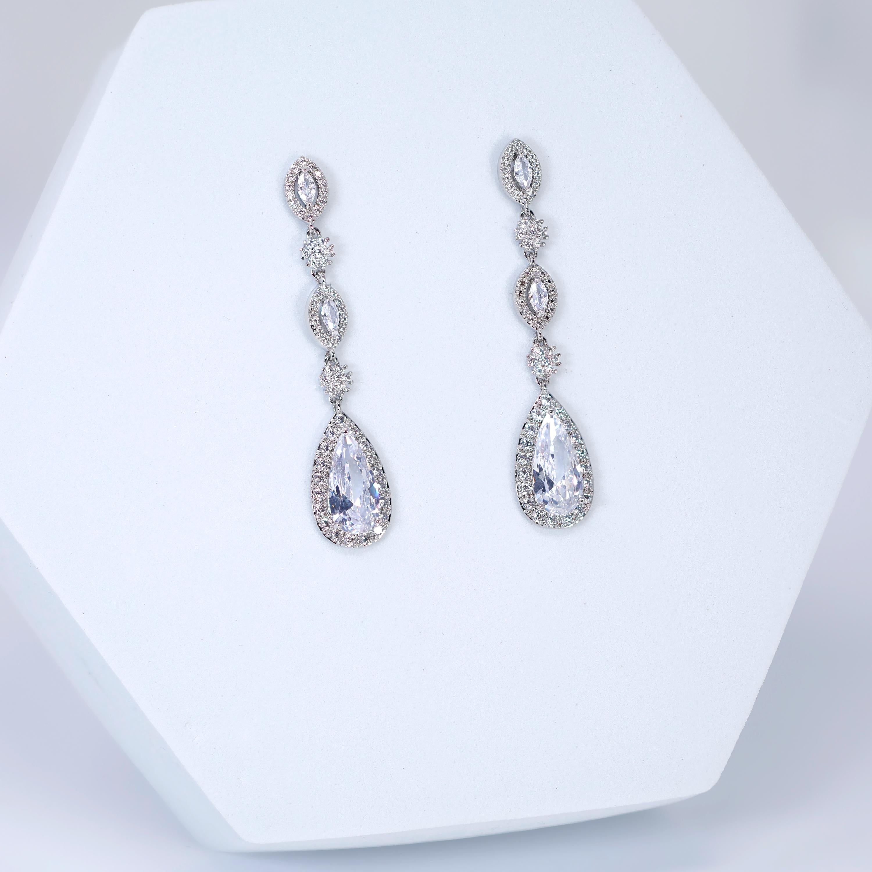 Cubic Zirconia Petals Beneath the Stars Diamond Earrings, Long Bridal Jewelry, Crystal Bridal Earrings, Statement Earrings Cz