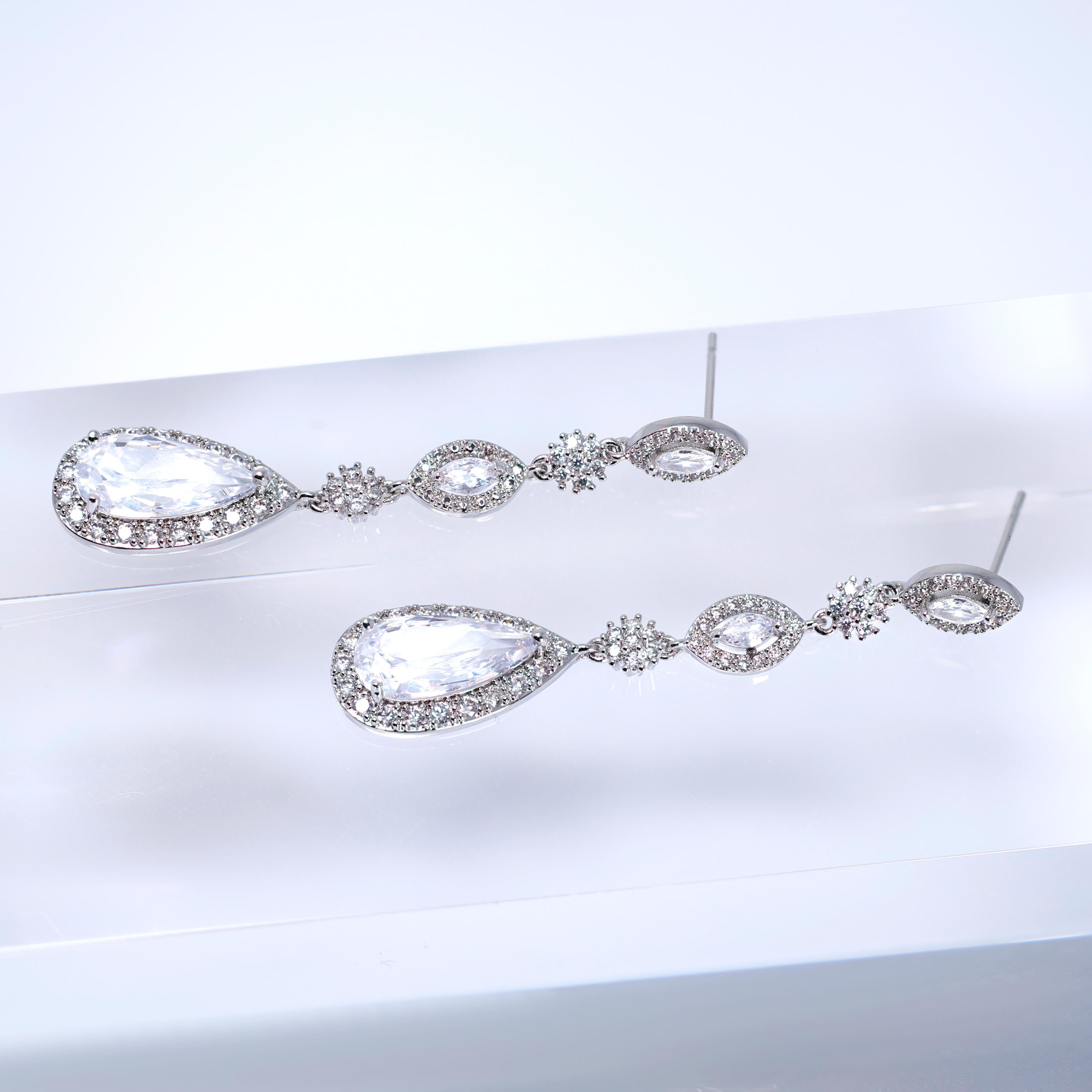 Cubic Zirconia Petals Beneath the Stars Diamond Earrings, Long Bridal Jewelry, Crystal Bridal Earrings, Statement Earrings Cz