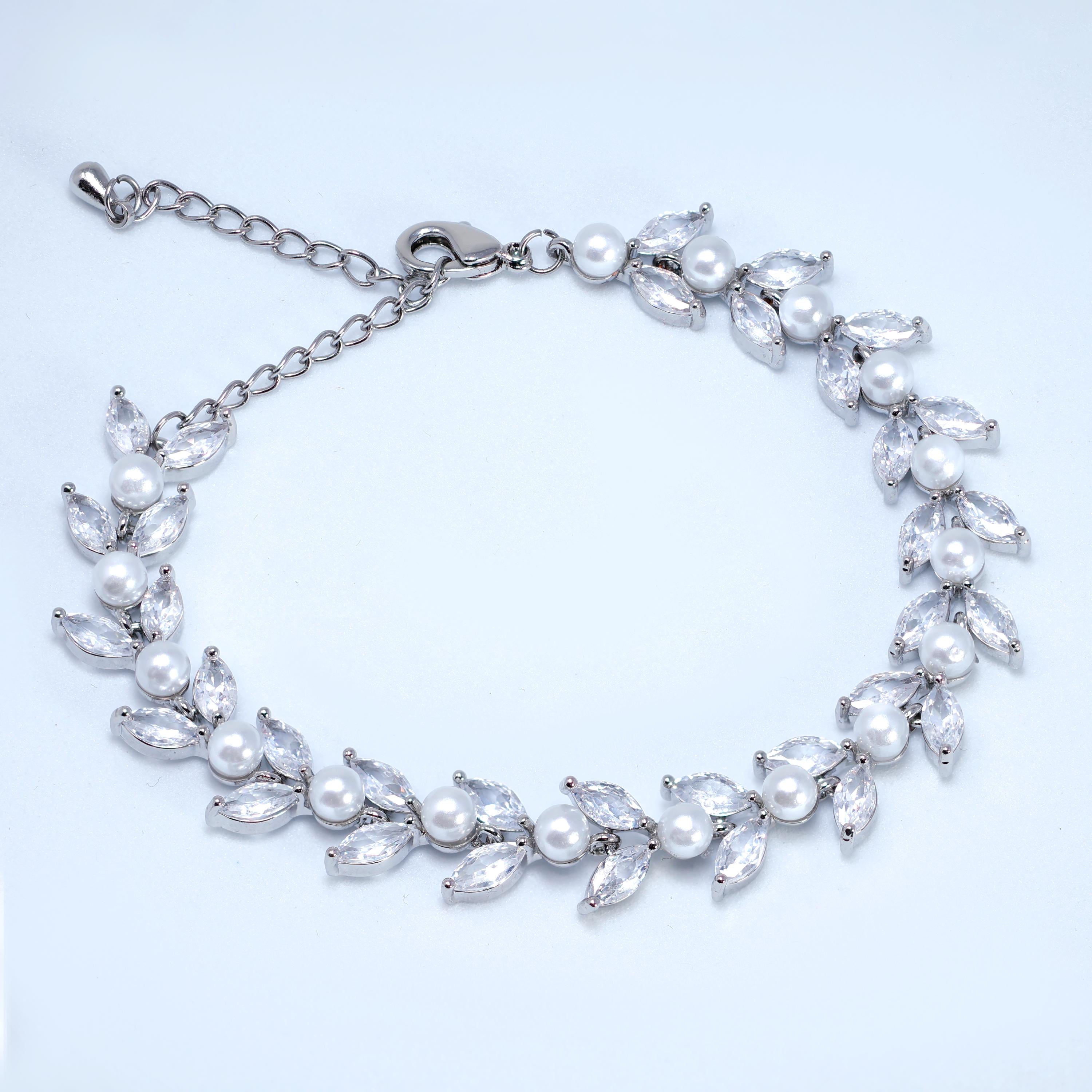 CZ Diamond Vine Leaves And Pearl Wedding Bracelet, Bridal Bracelet, Cubic Zirconia Bracelet, Bridal jewelry, Wedding Accessories