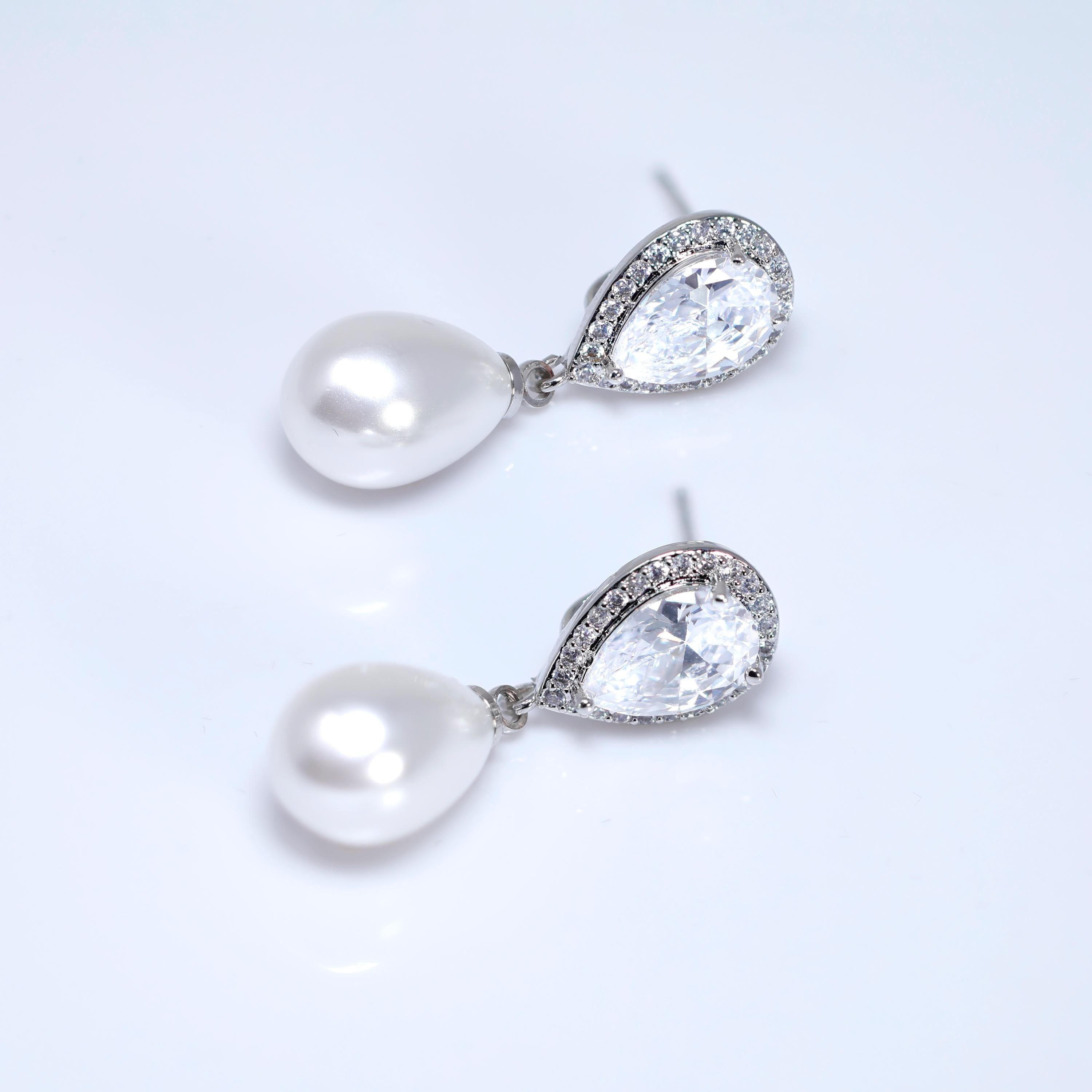 CZ Pearl Drop Necklace Set, Gift For Her, Bridesmaid Gift, Mother Of Bride/Groom Gift, Maid Of Honor Accessories.